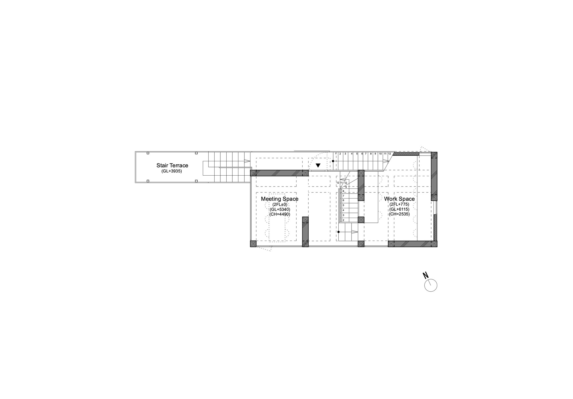 Second floor plan drawing showing a meeting space and work space joined by internal stairs, with an exterior stair terrace extending west