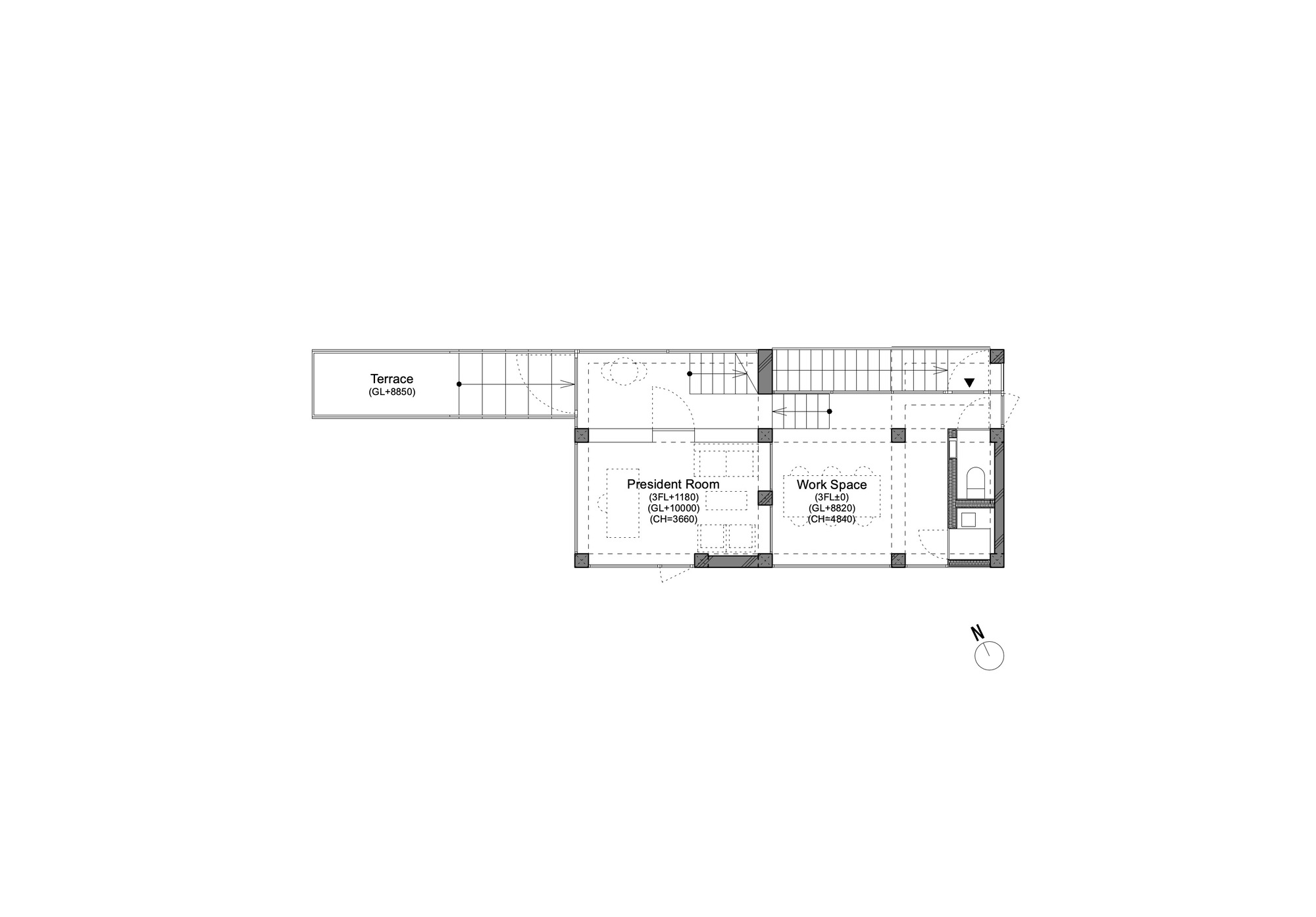Third floor plan drawing showing a president room and work space side by side, with a terrace and stair run to the west