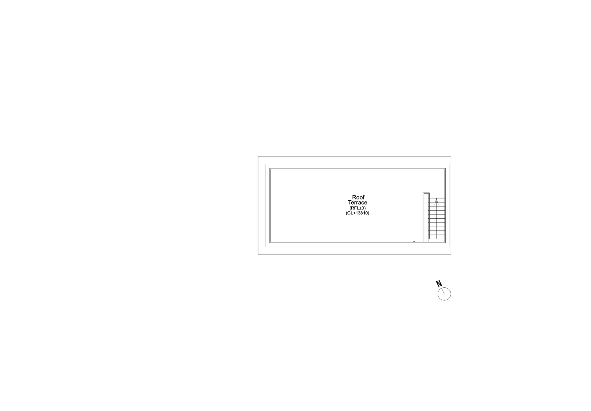 Top roof plan drawing showing a single rectangular roof terrace outlined by a parapet, with a narrow stair along its east edge