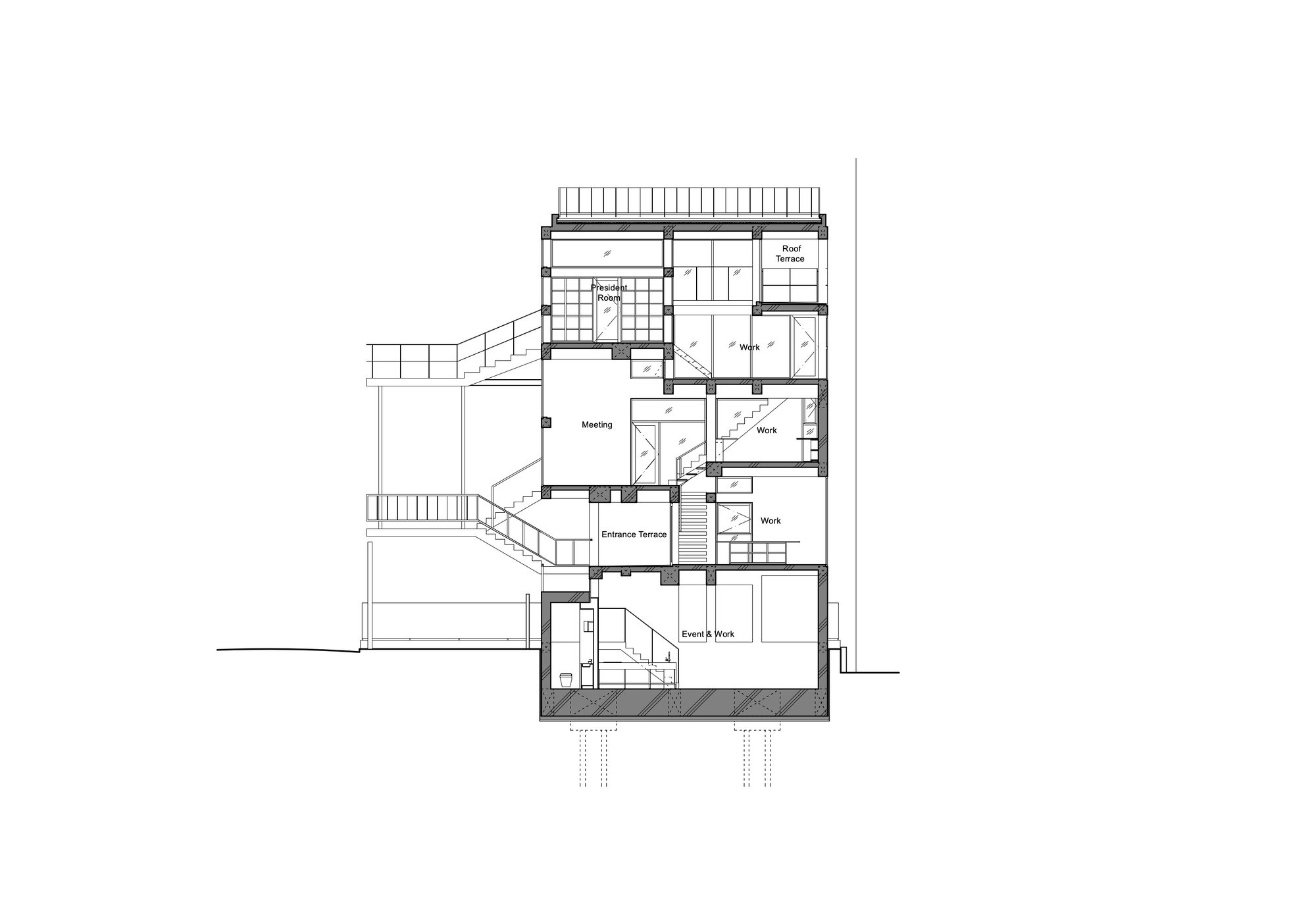 Building section drawing showing stacked event, work, meeting and president rooms linked by internal stairs, with an exterior stair climbing along a sloping sit