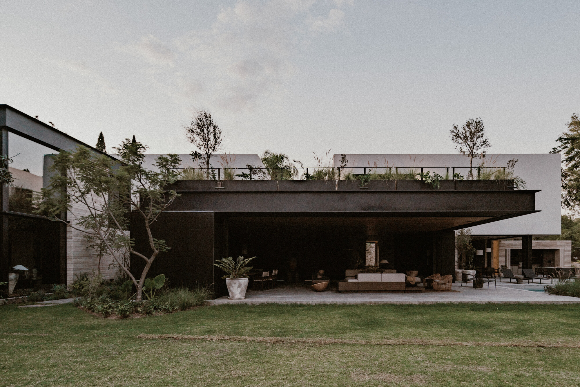 Garden facade with a dark steel-framed covered terrace and planted roof edge, seen across the lawn at dusk