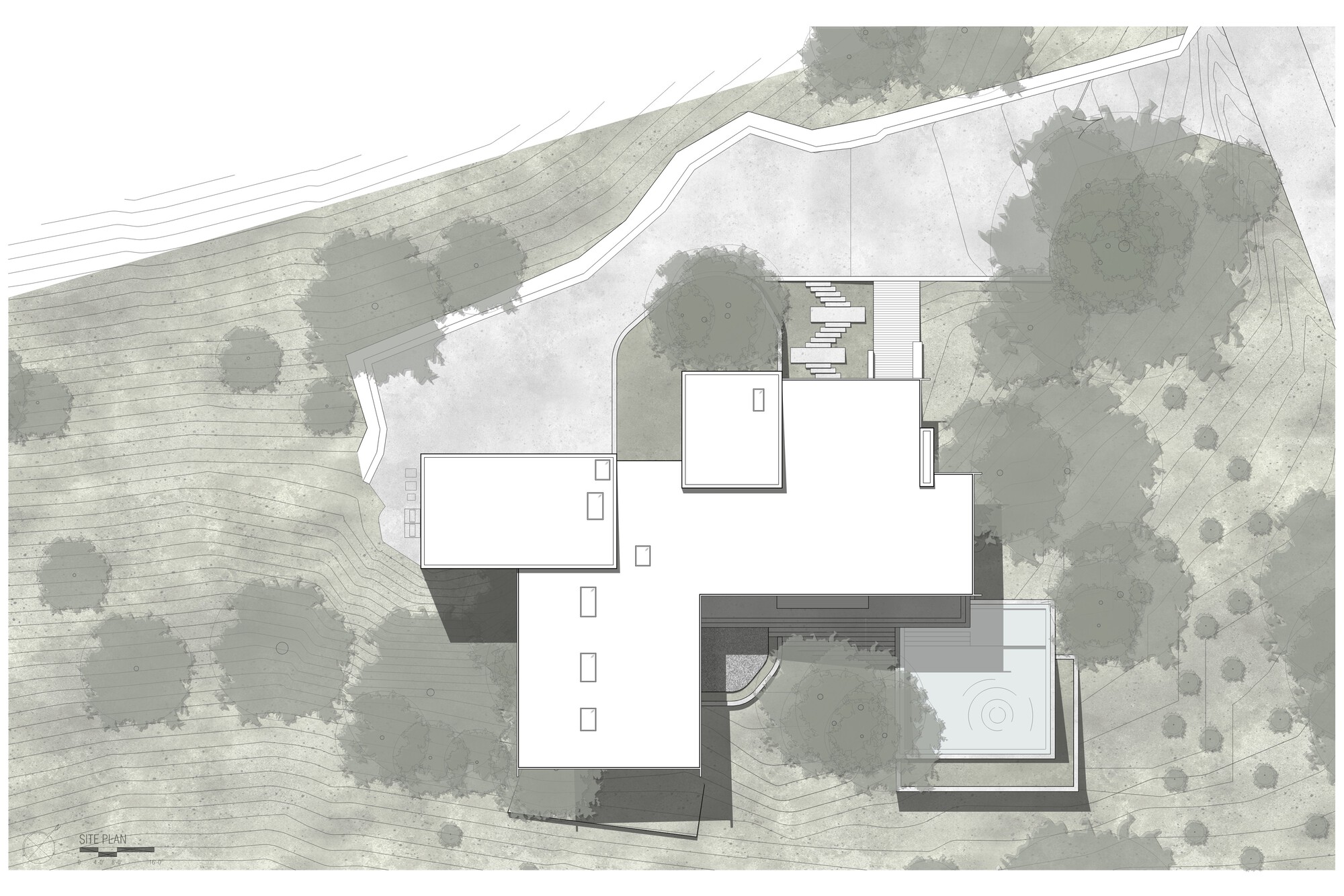 Site plan drawing showing the stepped rectangular roof volumes, pool terrace and surrounding trees on contoured sloping ground