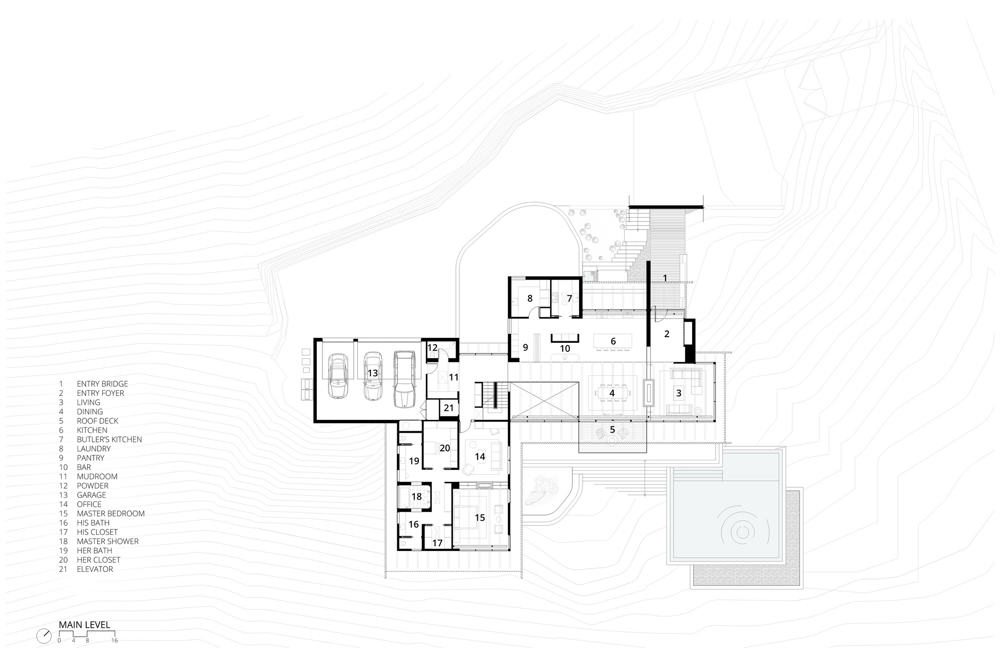 Main level floor plan drawing with numbered rooms including entry bridge, living, kitchen, three-car garage and bedroom suite beside the pool
