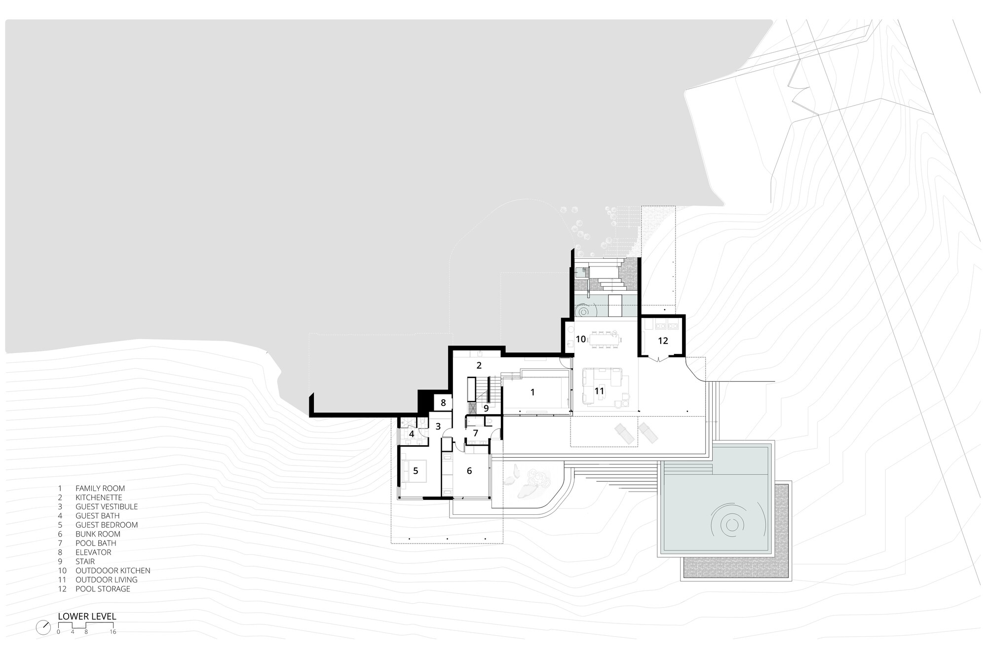 Lower level floor plan drawing showing family room, guest bedrooms, outdoor living and kitchen terraces stepping toward the pool on the slope
