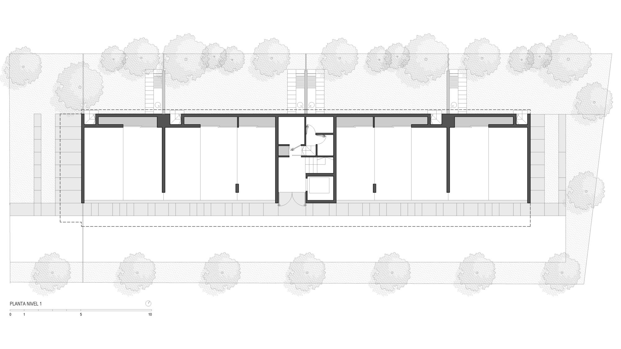Ground level floor plan drawing of an elongated block with a central stair core, open bays and rows of trees around it