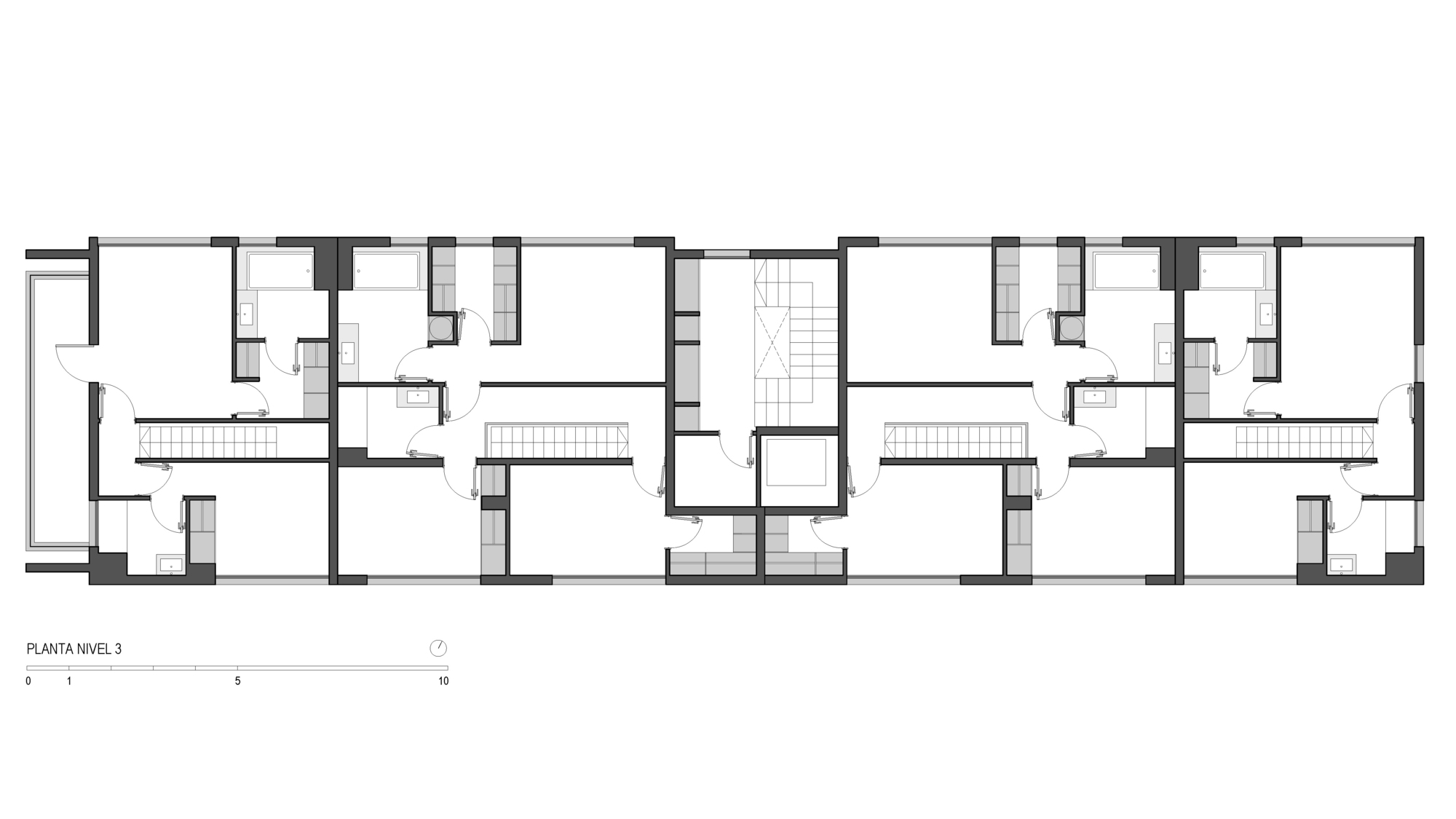 Third level floor plan drawing with a central stair and lift core and mirrored bedroom and bathroom units on either side