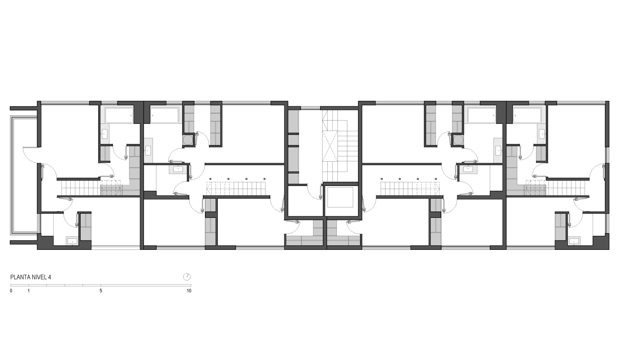 Fourth level floor plan drawing repeating the mirrored sleeping units, bathrooms and internal stairs around the central core