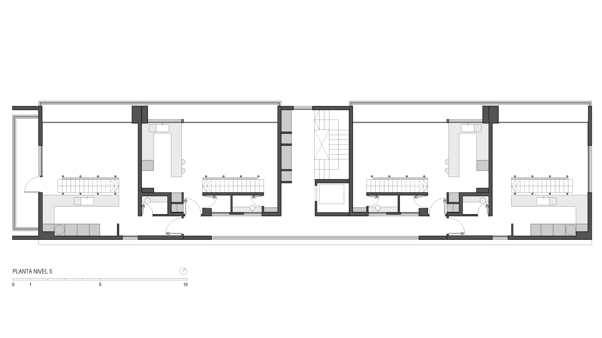 Fifth level floor plan drawing showing open living and kitchen spaces with internal stairs and a side terrace either side of the core