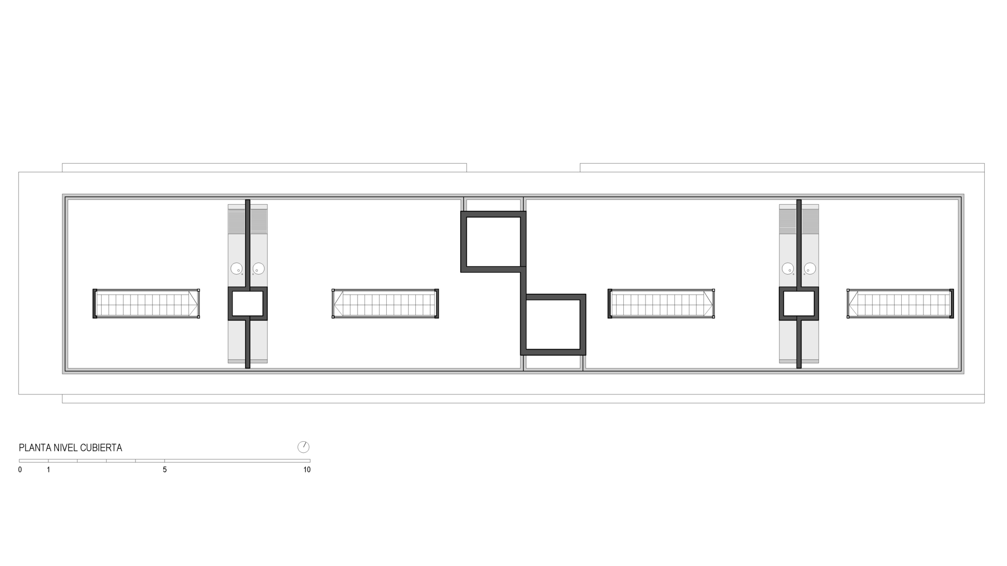 Roof plan drawing showing stair skylights, two offset square stair and lift volumes at center and narrow service strips near each end