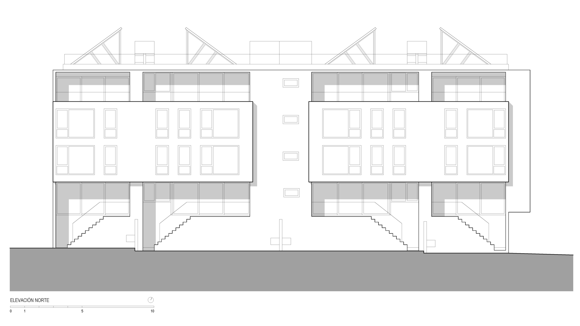 North elevation drawing of a stepped apartment block with a projecting middle band, exterior stairs at ground level and angled rooftop skylights