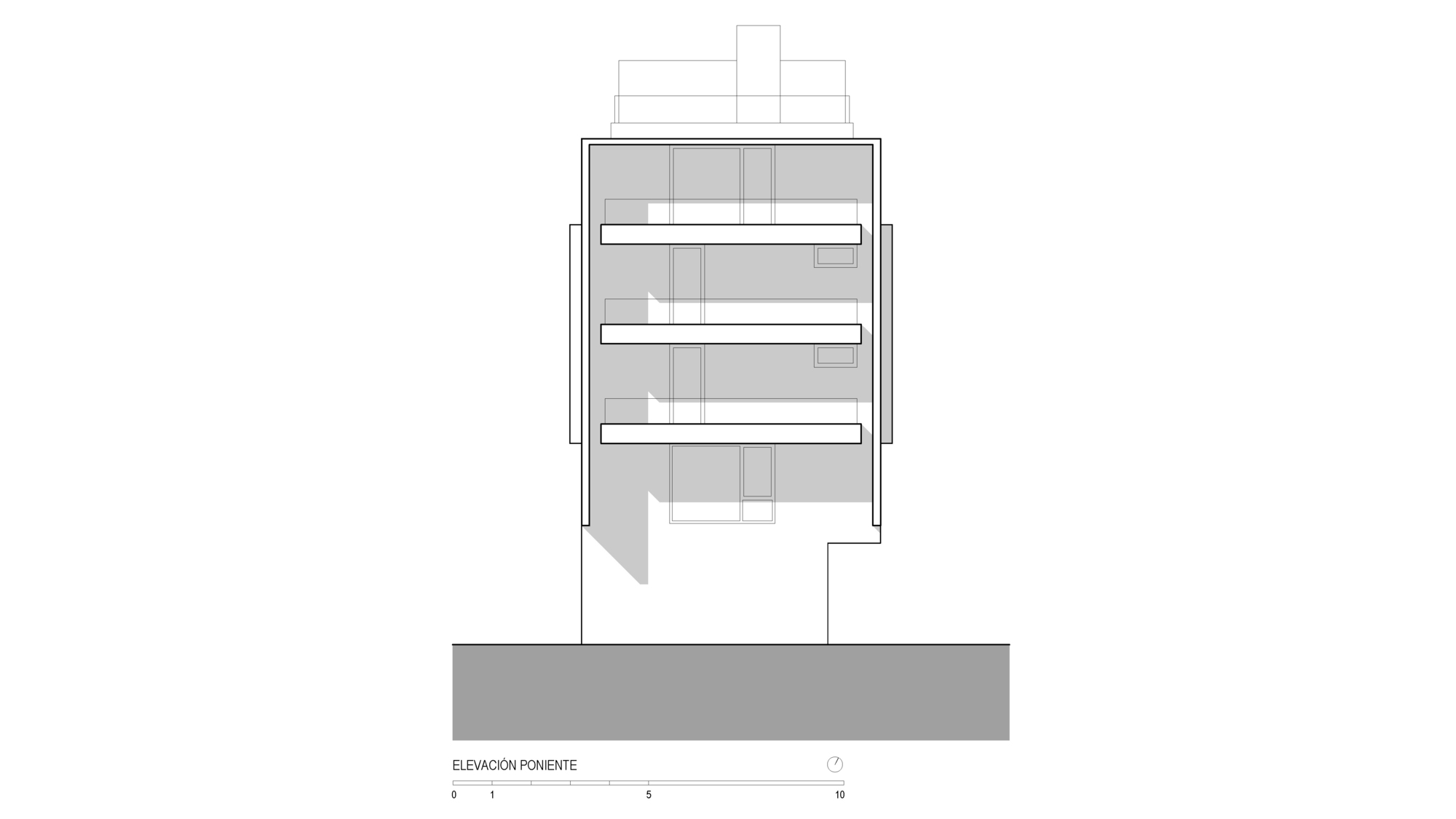 West elevation drawing showing a narrow stacked profile with three projecting floor slabs and a stepped base on the right