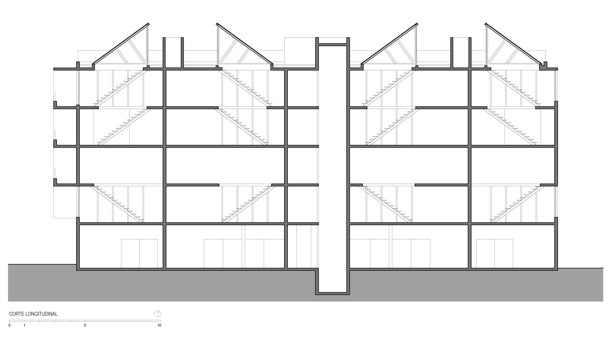 Longitudinal section drawing cutting through a central core shaft, interior staircases, stacked floor slabs and sloped skylights at roof level