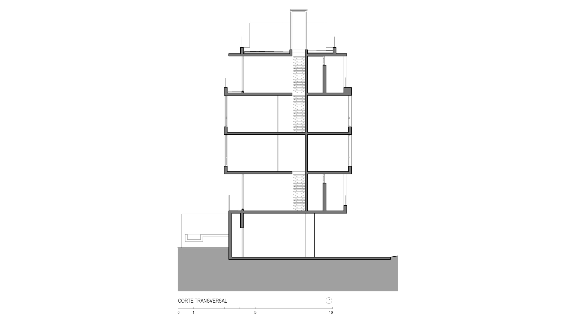 Transverse section drawing of a five-level slender block with a central stair shaft, offset floor slabs and a partly buried base