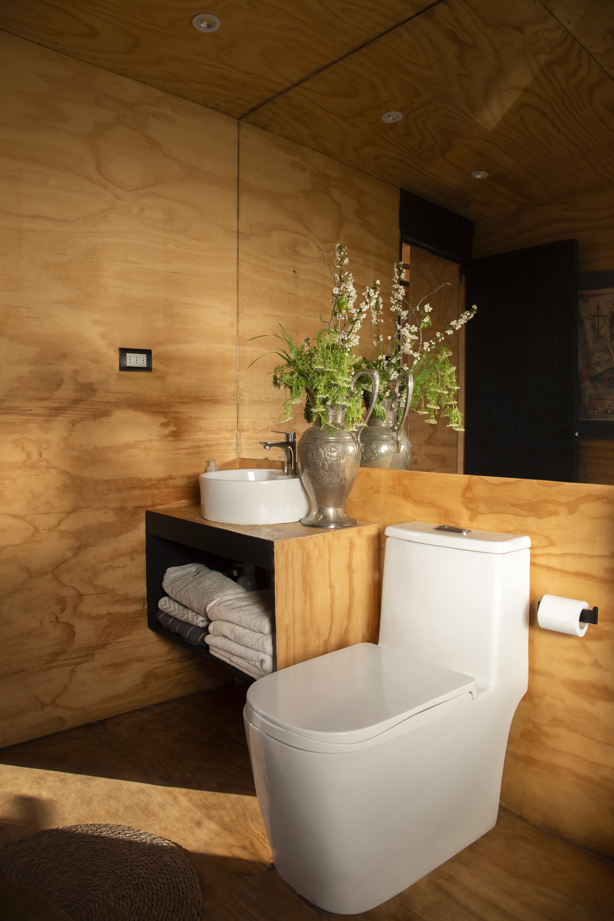 Plywood-clad bathroom with a floating vanity, vessel basin and white toilet, a pewter vase of blossoms catching warm low light