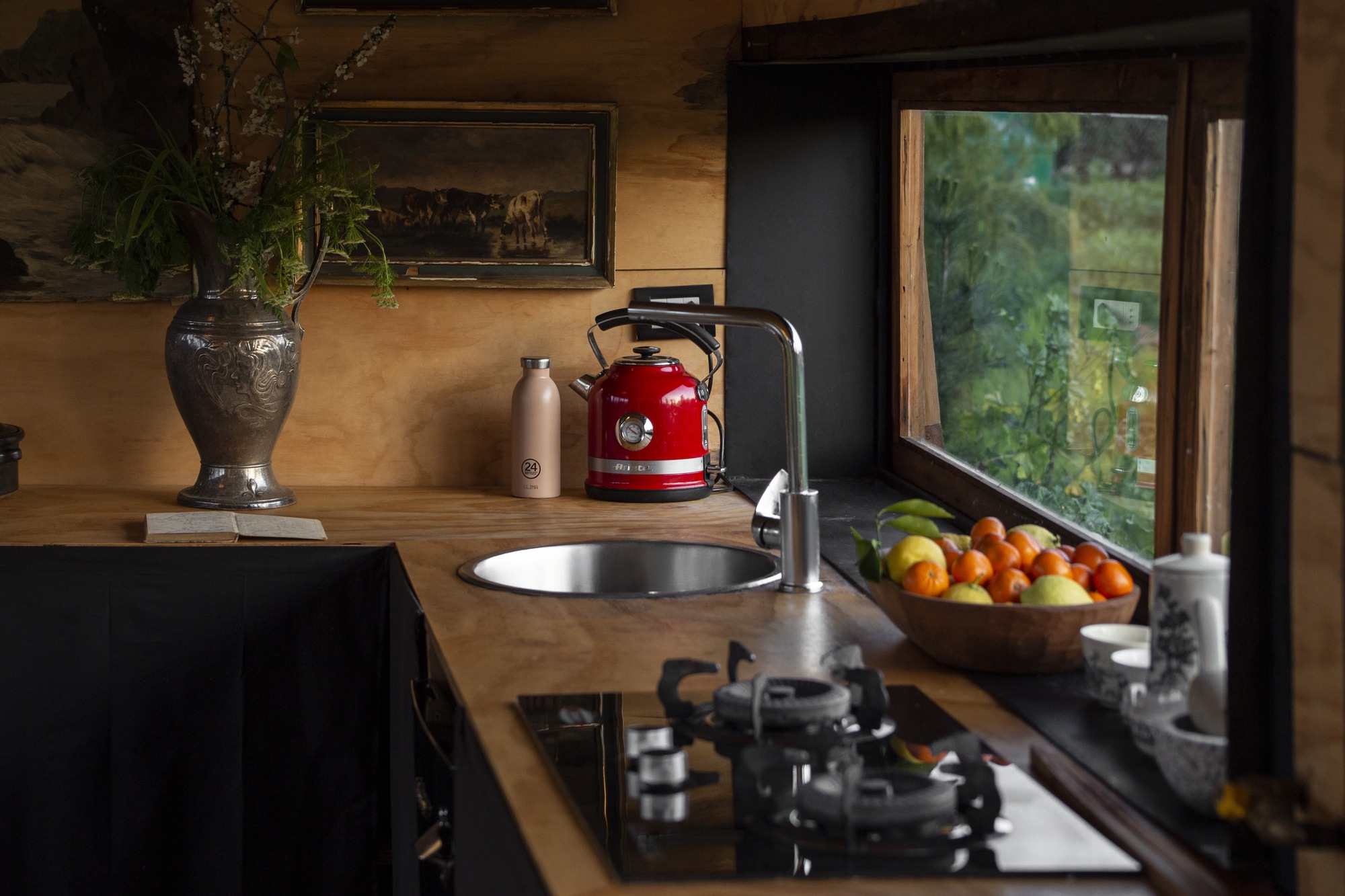 Kitchen corner with a timber countertop, sink, gas hob and red kettle beside a window onto green fields and a bowl of oranges