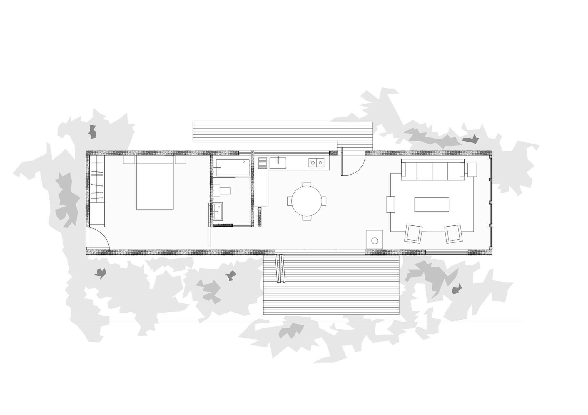 Floor plan drawing of a long narrow cabin with bedroom, bathroom, kitchen, dining table and living area, flanked by decks and tree canopy