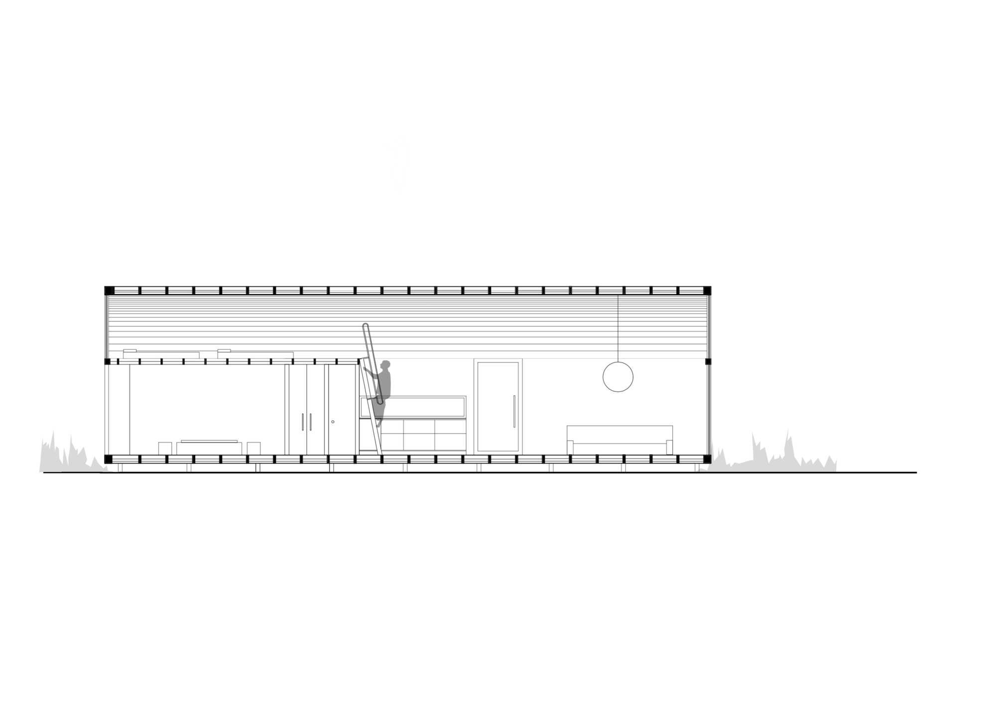 Longitudinal section drawing of the cabin showing a figure climbing a ladder to a loft, with kitchen, door and sofa below