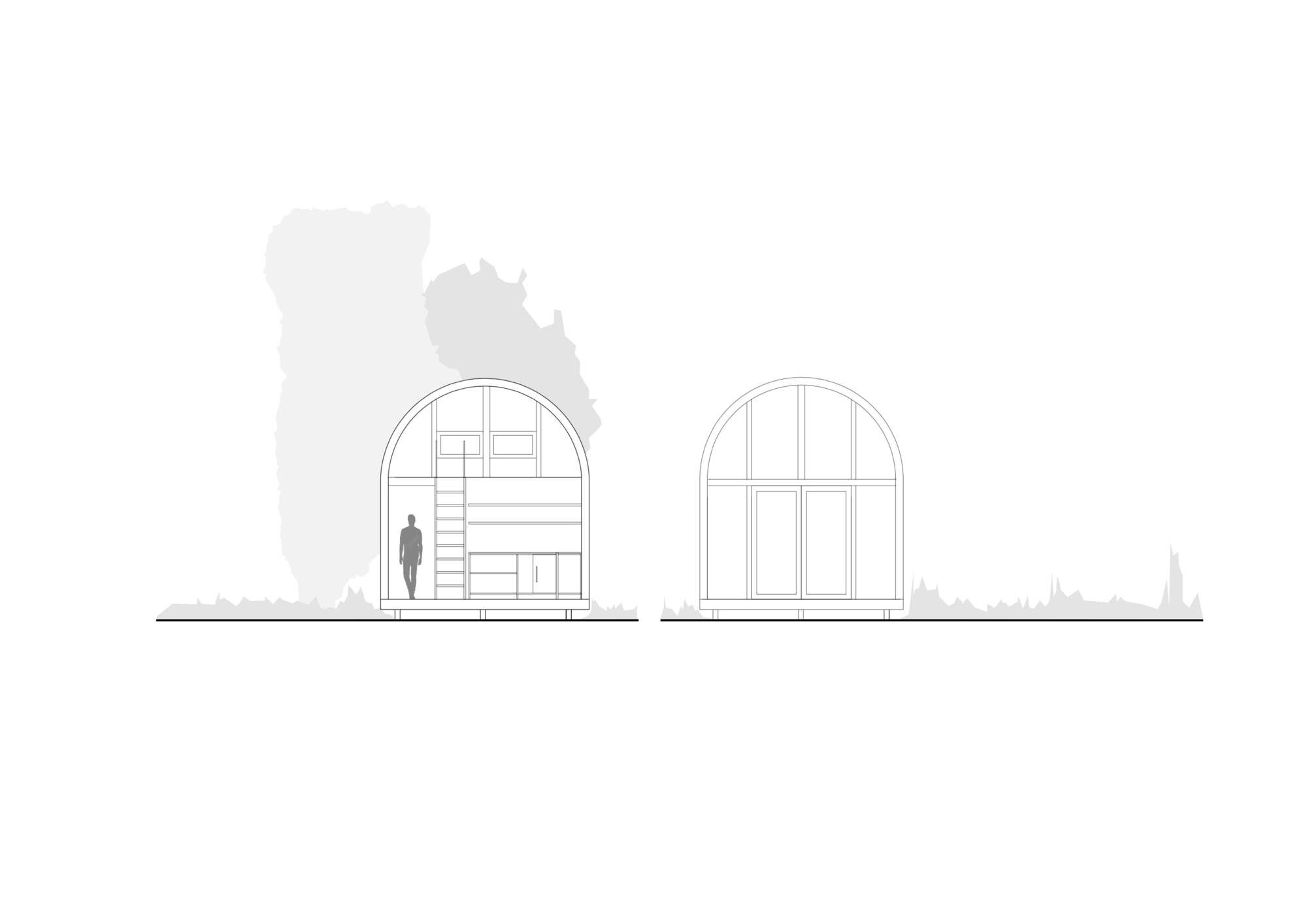 Section and elevation drawing of a small arched-roof cabin, showing a loft ladder, a standing figure and glazed double doors beside grey tree silhouettes