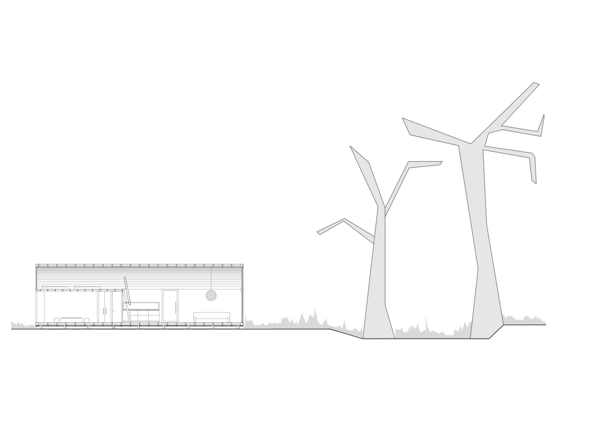 Long section drawing of a low rectangular cabin with interior seating and a pendant lamp, set beside two large stylized bare trees