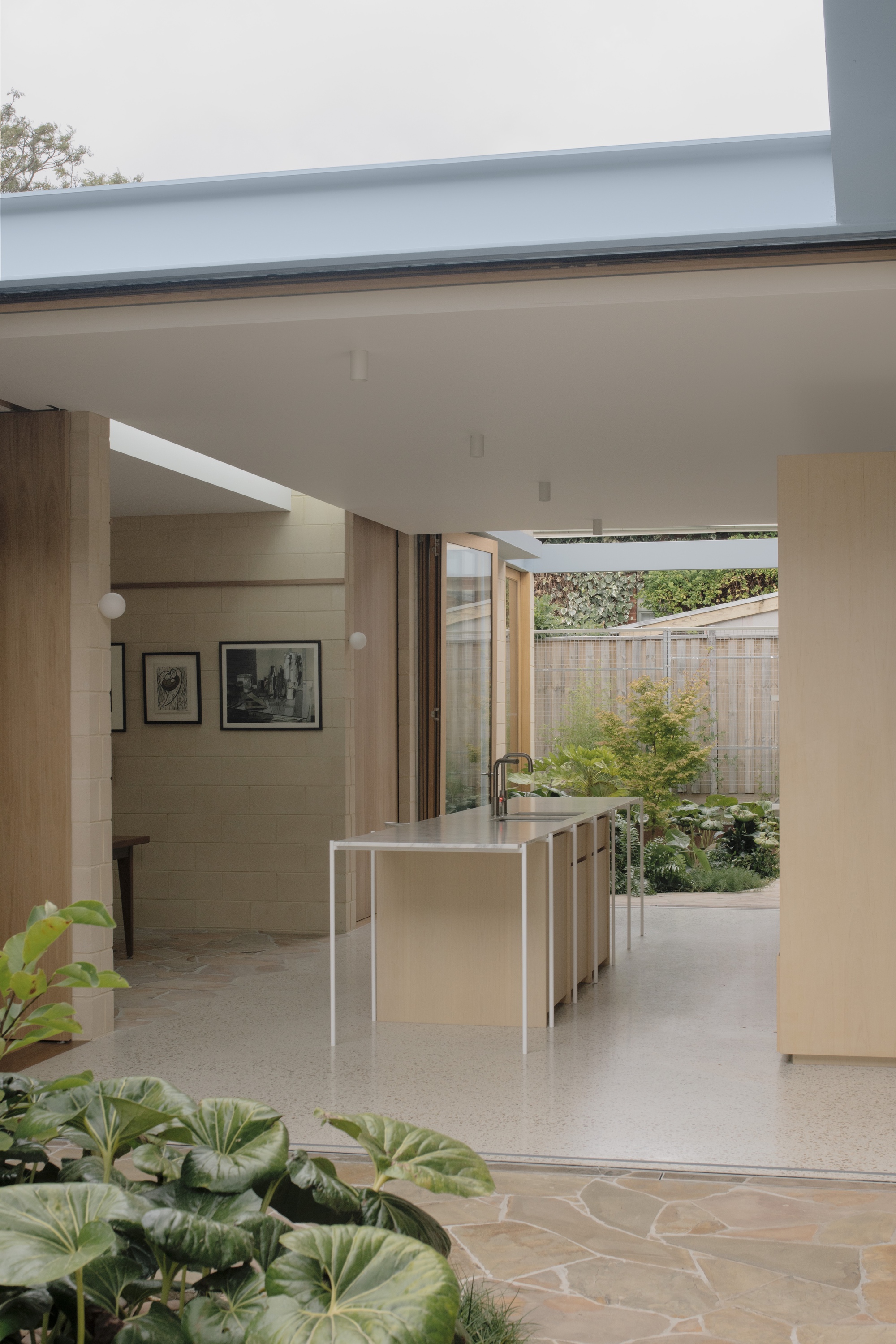 Kitchen island seen from a courtyard of broad-leaved plants, with flagstone paving, terrazzo floor and a timber fence beyond