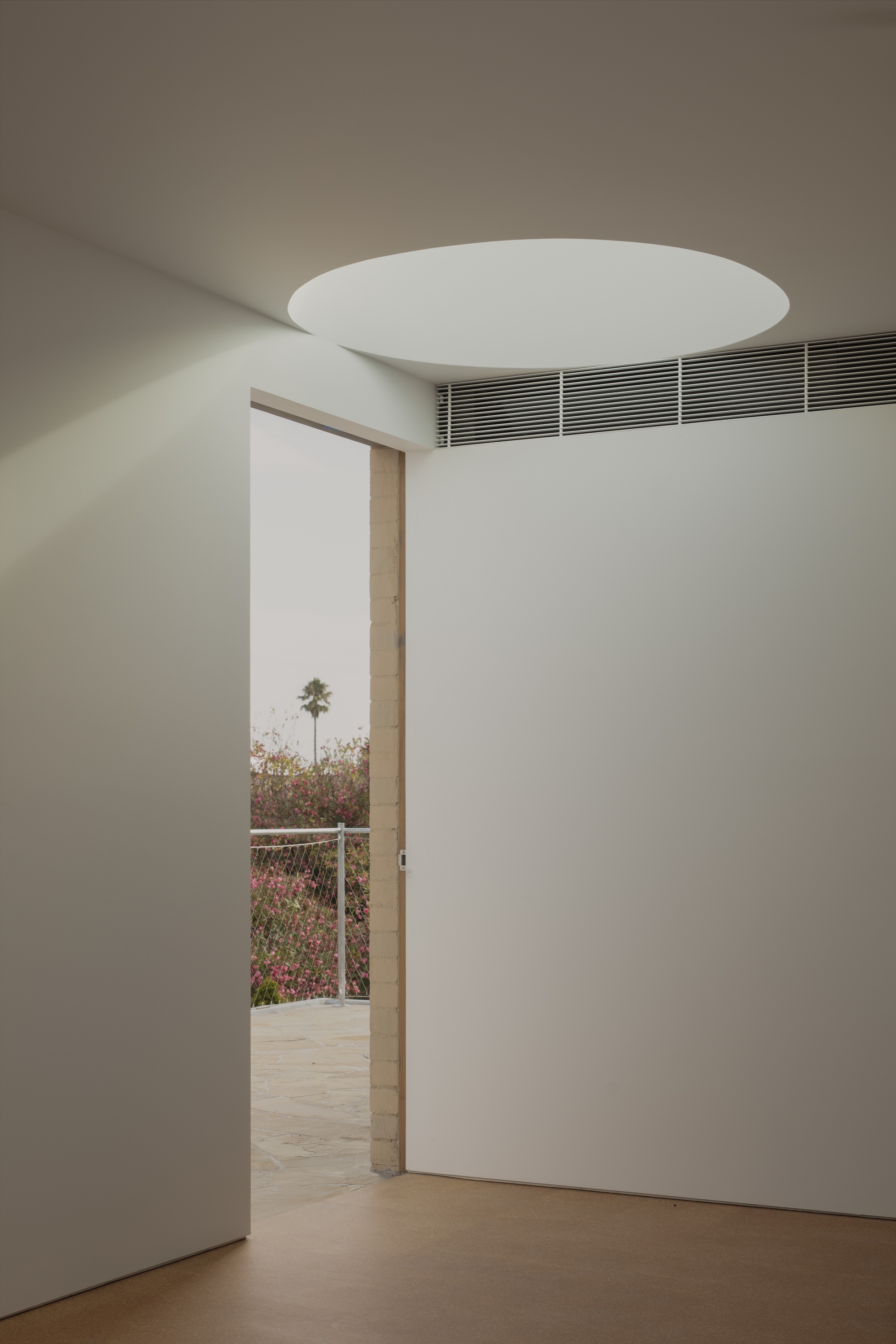 Open doorway beside a round ceiling skylight and slatted vent, framing a palm tree and flowering shrubs in soft overcast light