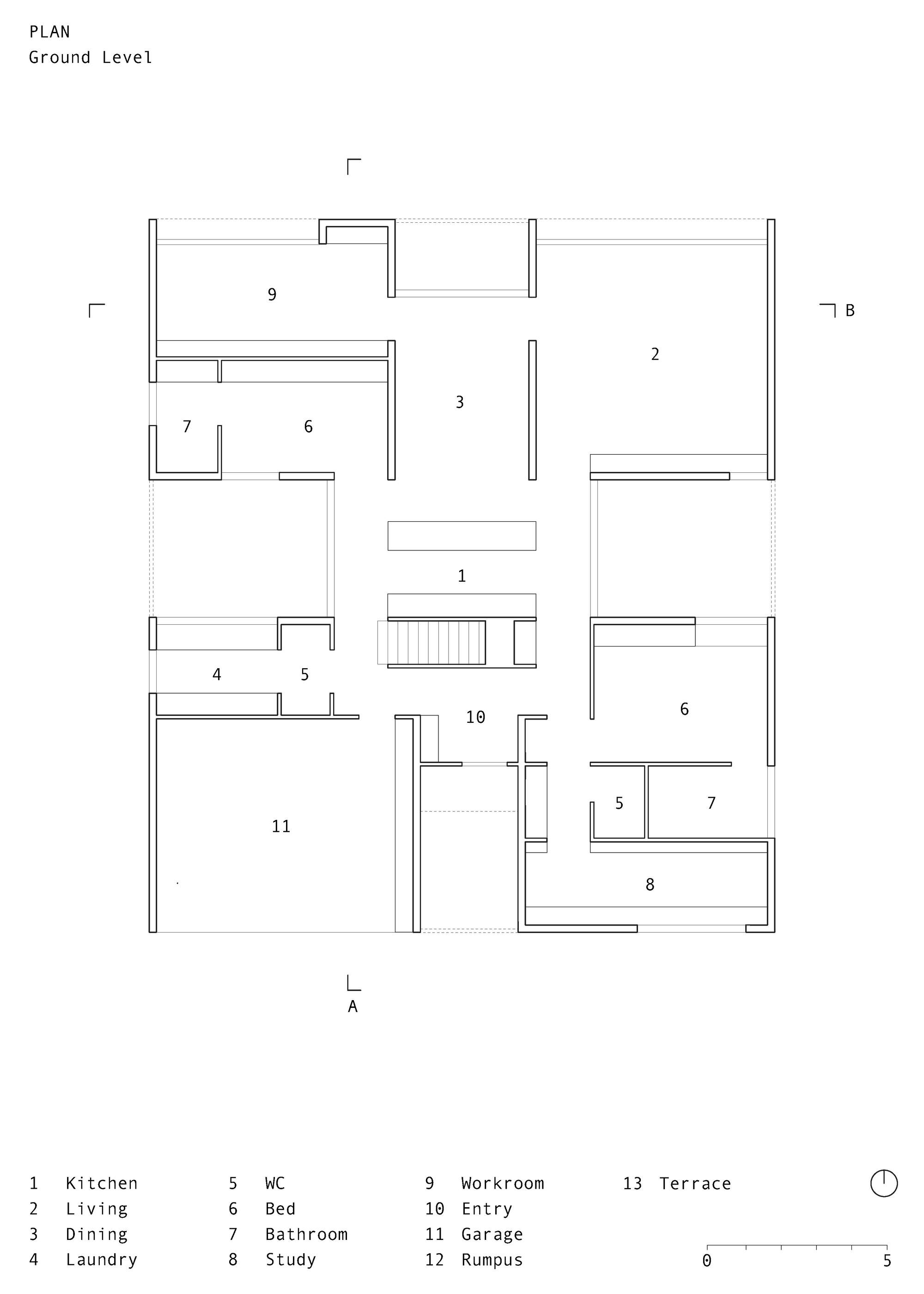 Ground level floor plan drawing showing rooms arranged around a central kitchen and stair, with garage, study, bedrooms and workroom at the edges