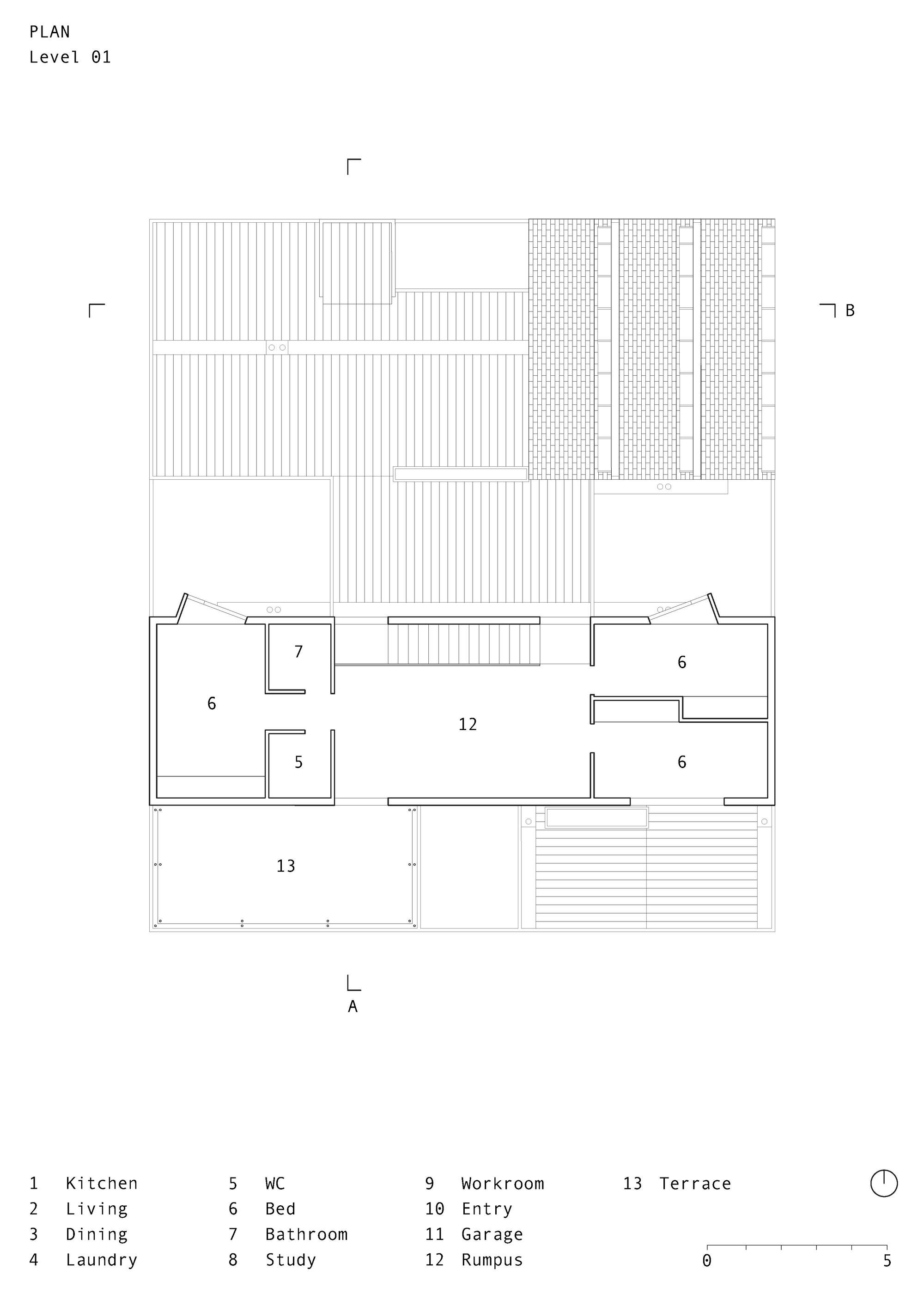 Level 01 floor plan drawing showing a central rumpus with bedrooms and a terrace, beneath a rooftop plan of sawtooth and brick-pattern roof areas