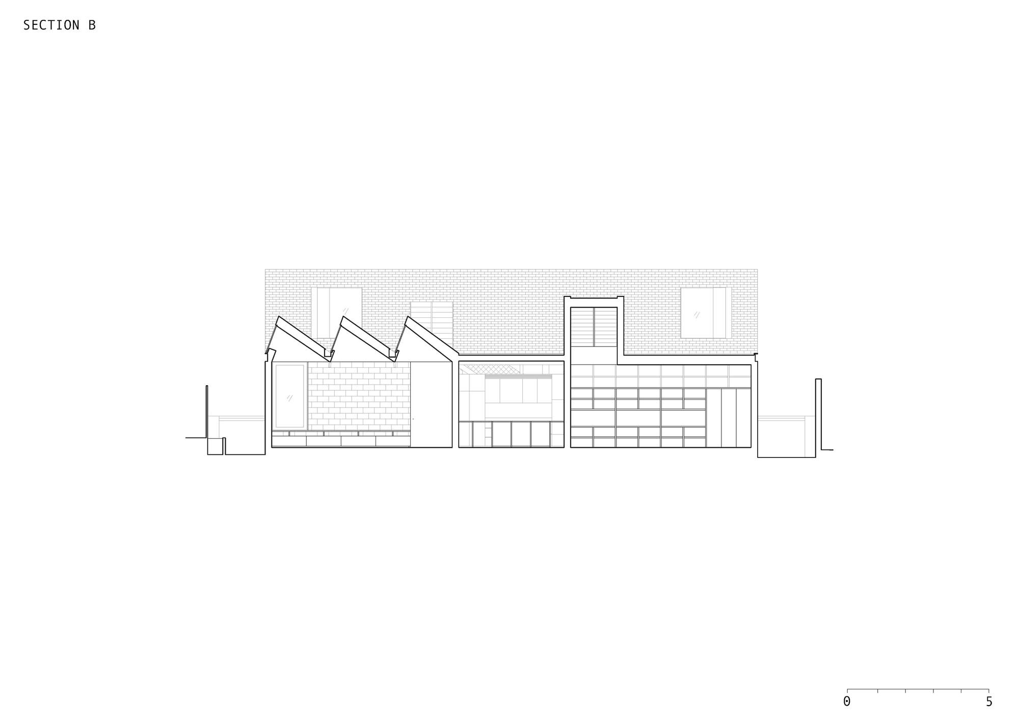 Section B drawing showing three sawtooth roof profiles over masonry and shelving walls, with a taller stair tower and brick roof plane behind