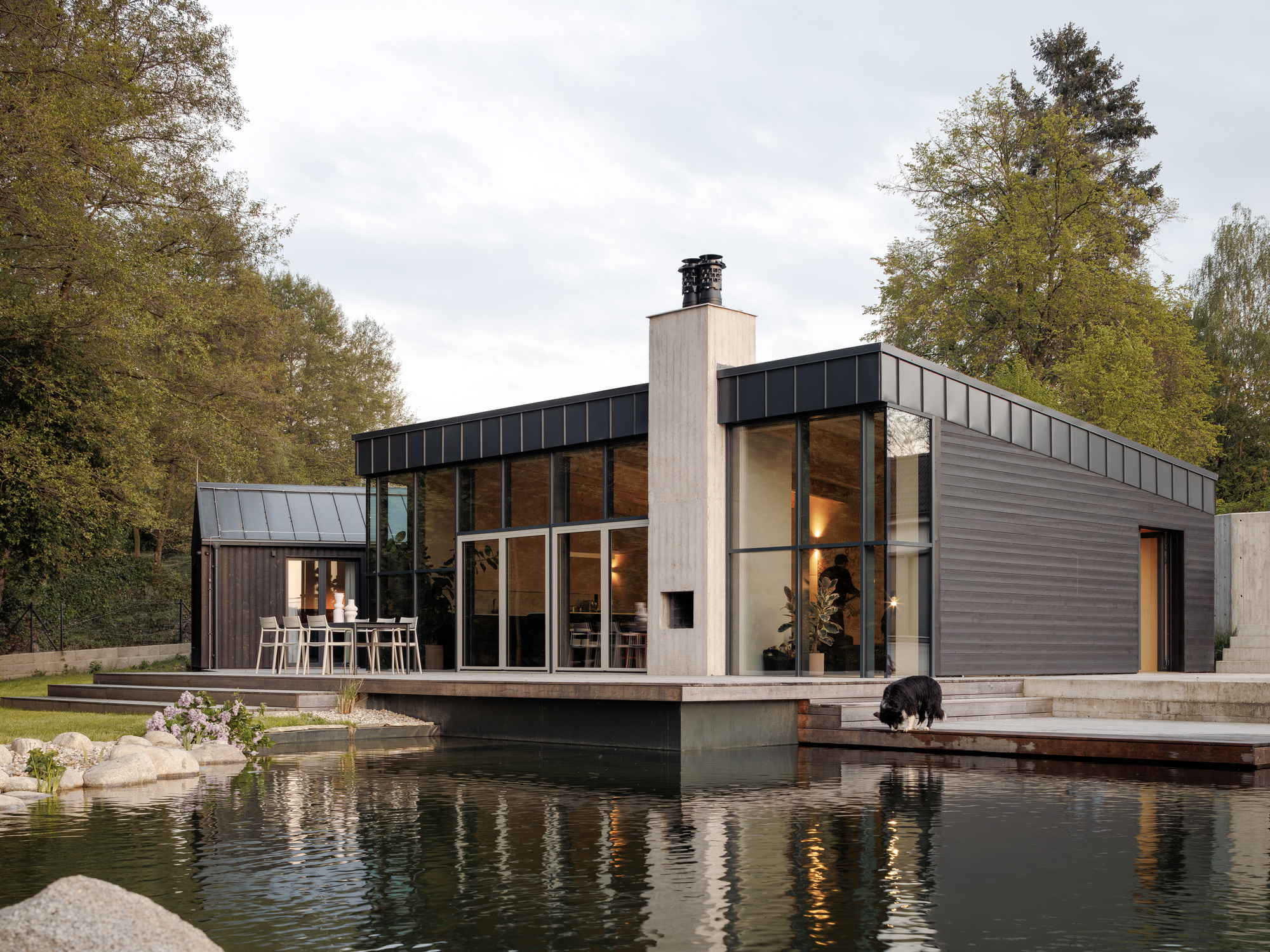 Dark clad pavilion with a board-marked concrete chimney and glazed corner, reflected in a still pond as a dog drinks at the edge