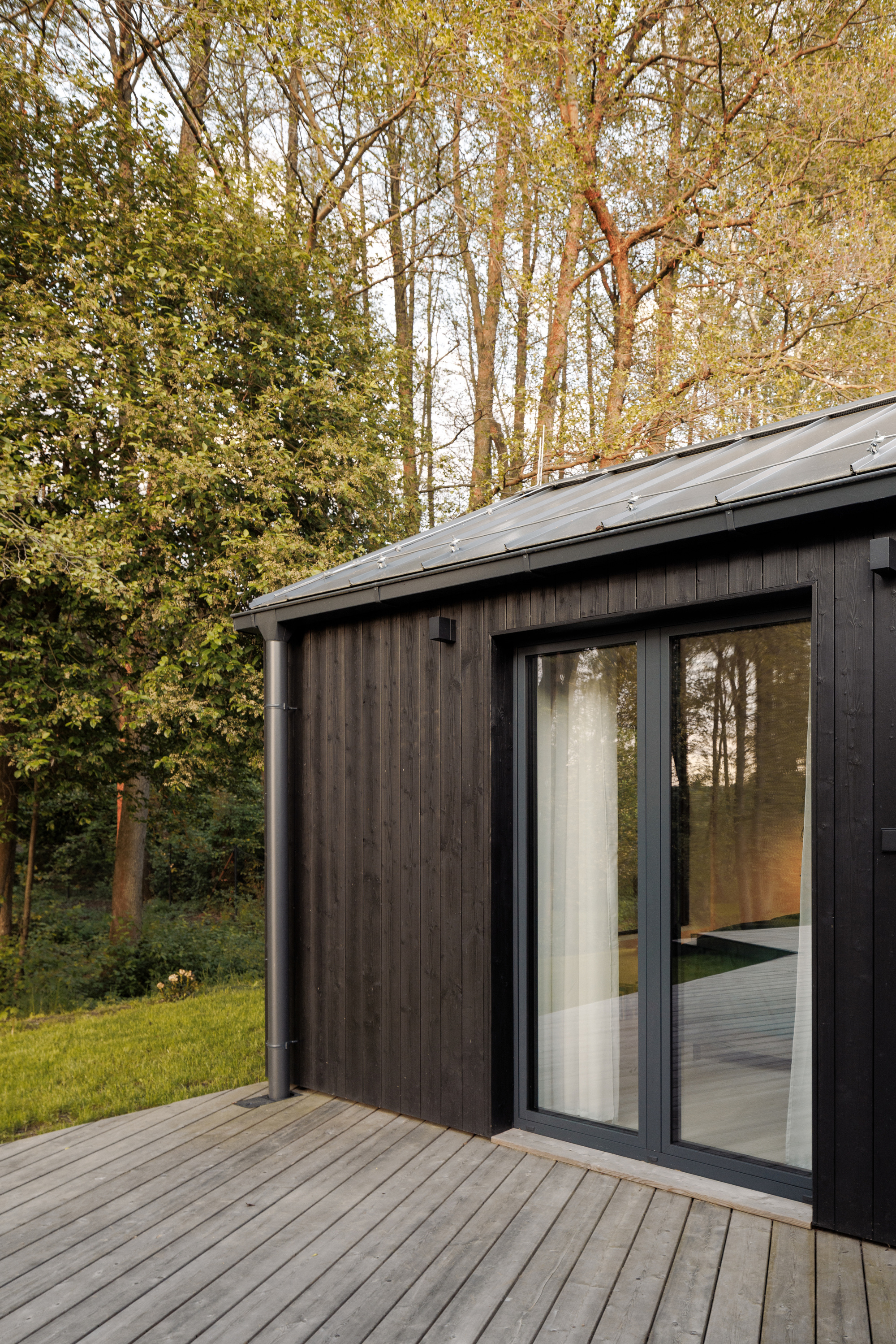 Corner of a charred timber cabin with sliding glass doors, metal roof and grey deck among sunlit spring trees