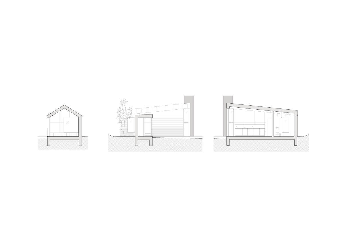 Three section drawings showing a gabled bedroom wing and a sloped-roof living volume beside a chimney, with a small tree at left