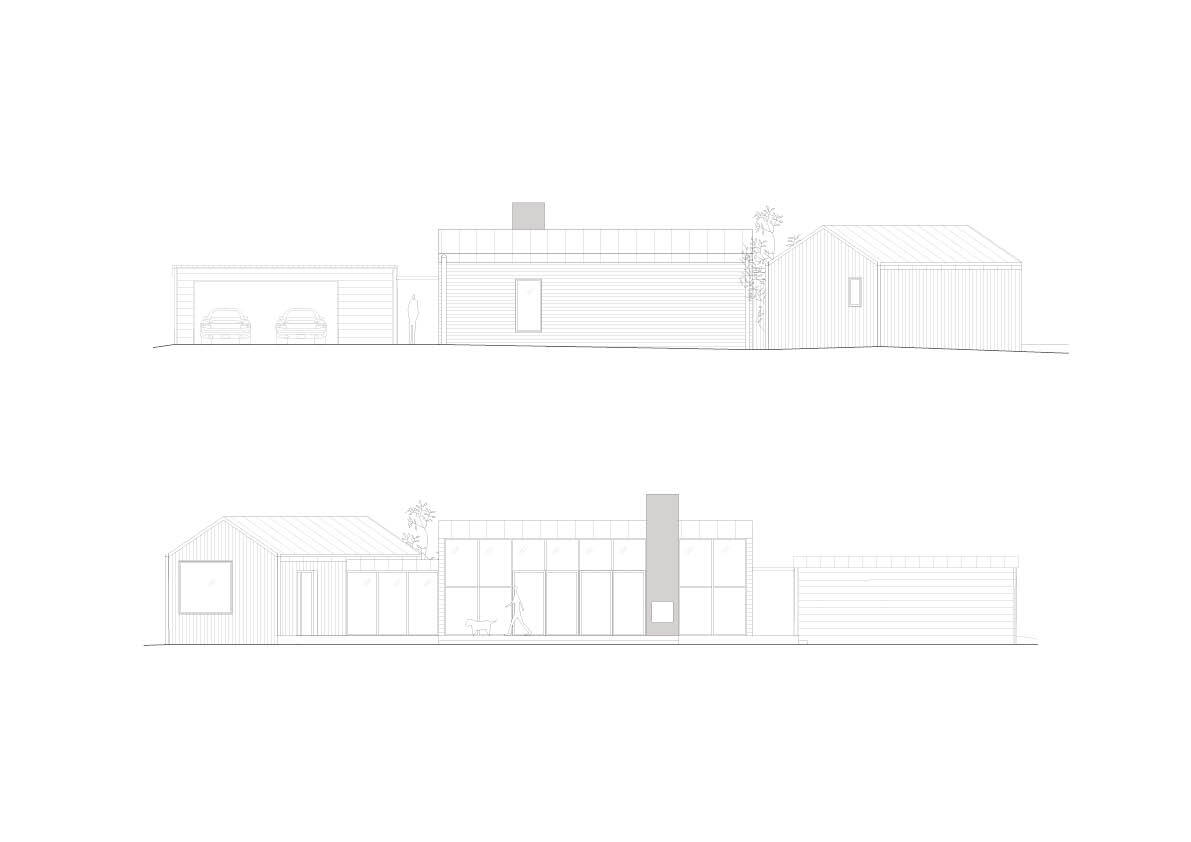 Two elevation drawings showing the garage, clad living volume with chimney and gabled wing, with a figure walking past the glazed wall