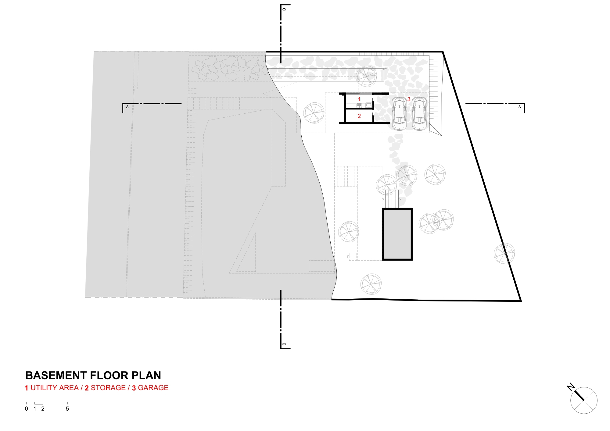 Basement floor plan drawing showing utility area, storage and a two-car garage beside the pool footprint and scattered trees