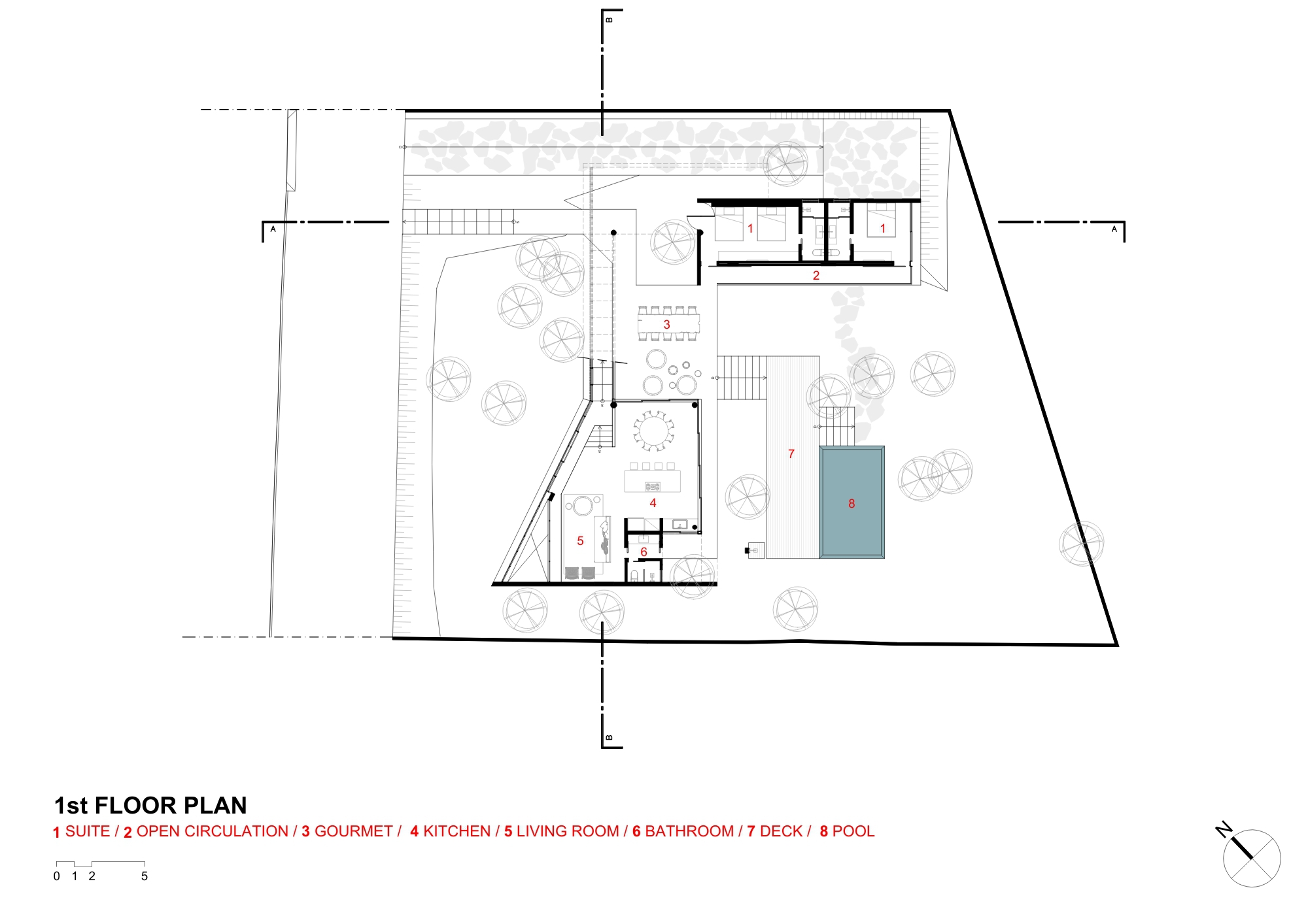 First floor plan drawing showing suites, open circulation, gourmet area, kitchen, living room, deck and pool arranged around trees