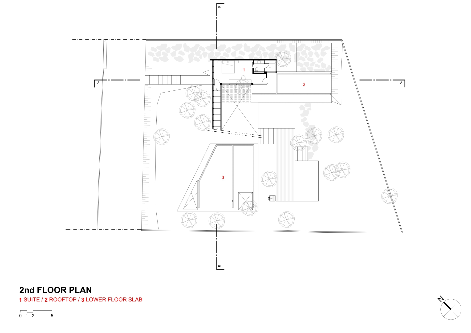 Second floor plan drawing showing a suite, a rooftop and a lower floor slab among scattered trees on a trapezoidal site
