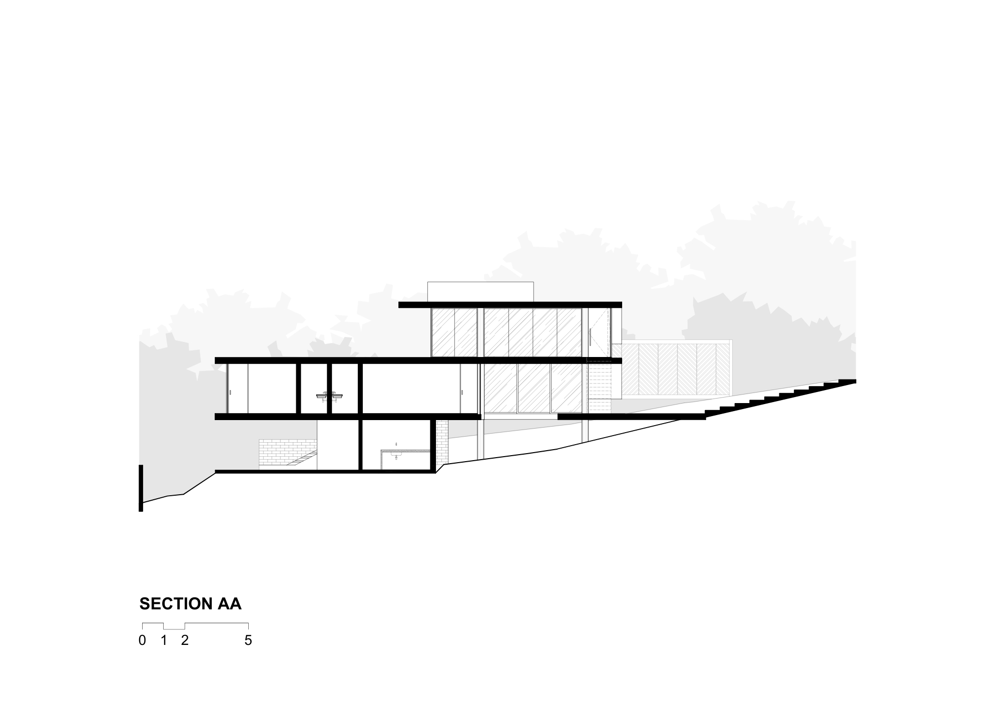 Section AA drawing cutting through stacked floors and glazed walls that step down a sloping site with tree silhouettes behind