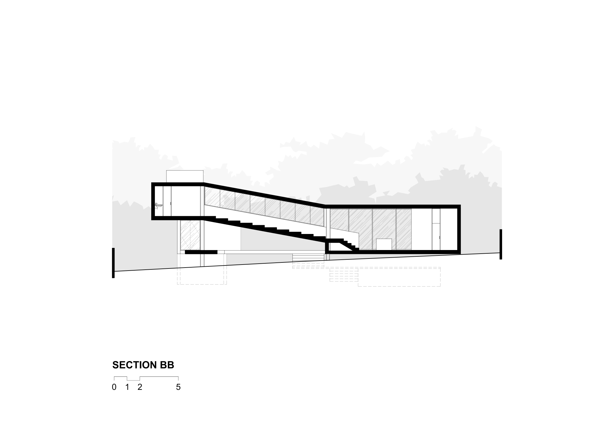 Section BB drawing of a long inclined volume with an internal stair running down a slope beneath tree outlines