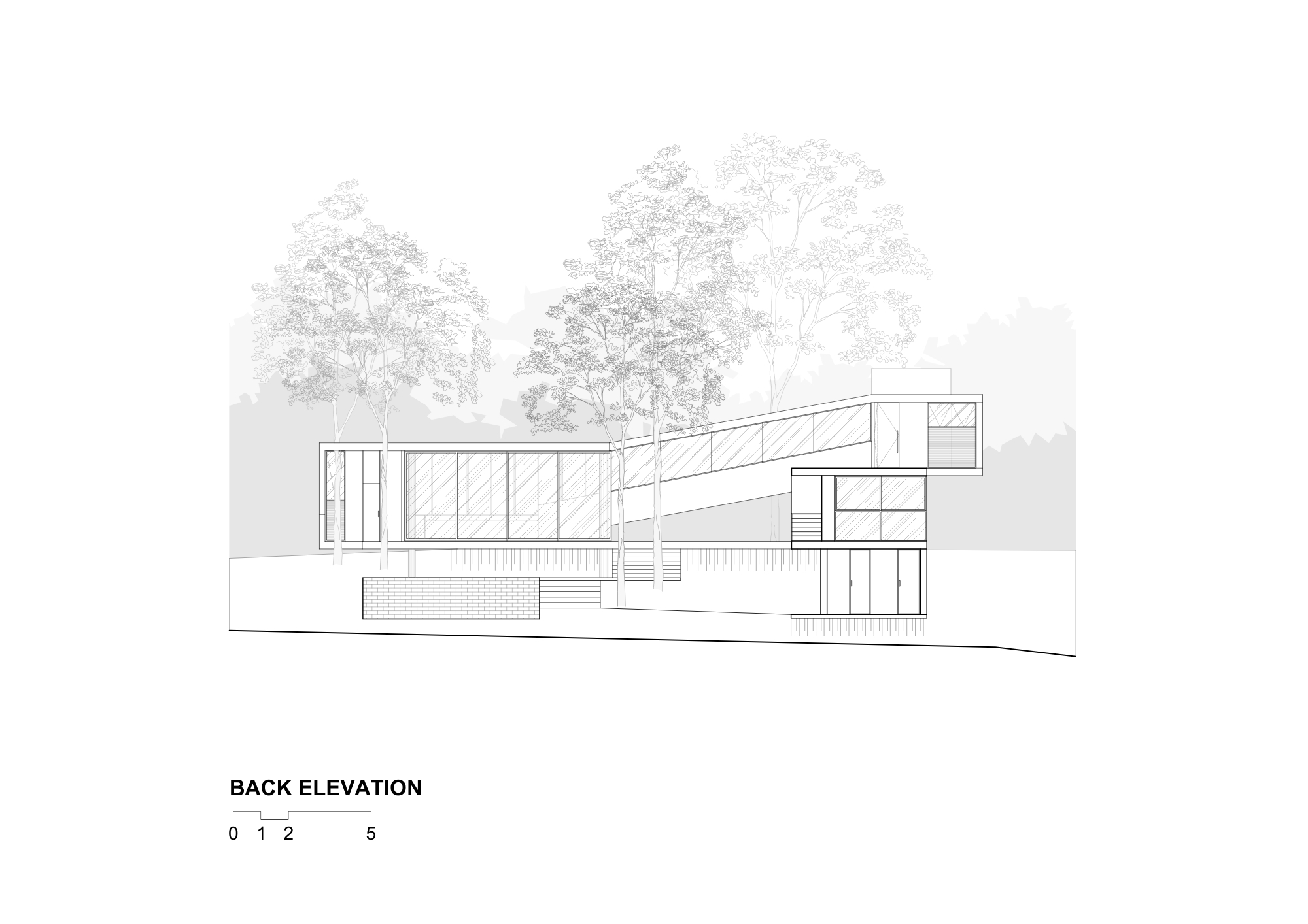 Back elevation drawing showing a glazed horizontal volume, a sloping ramp-like band and a stacked tower among tall trees
