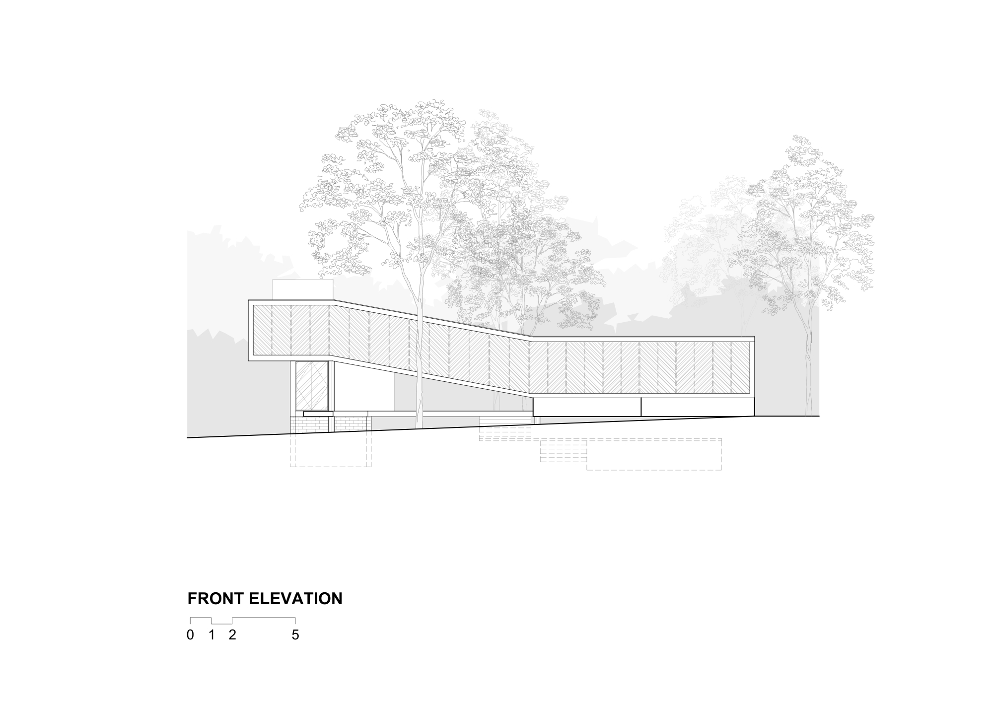 Front elevation drawing of a diagonally sloping, patterned screen-clad volume rising above the hillside with trees behind