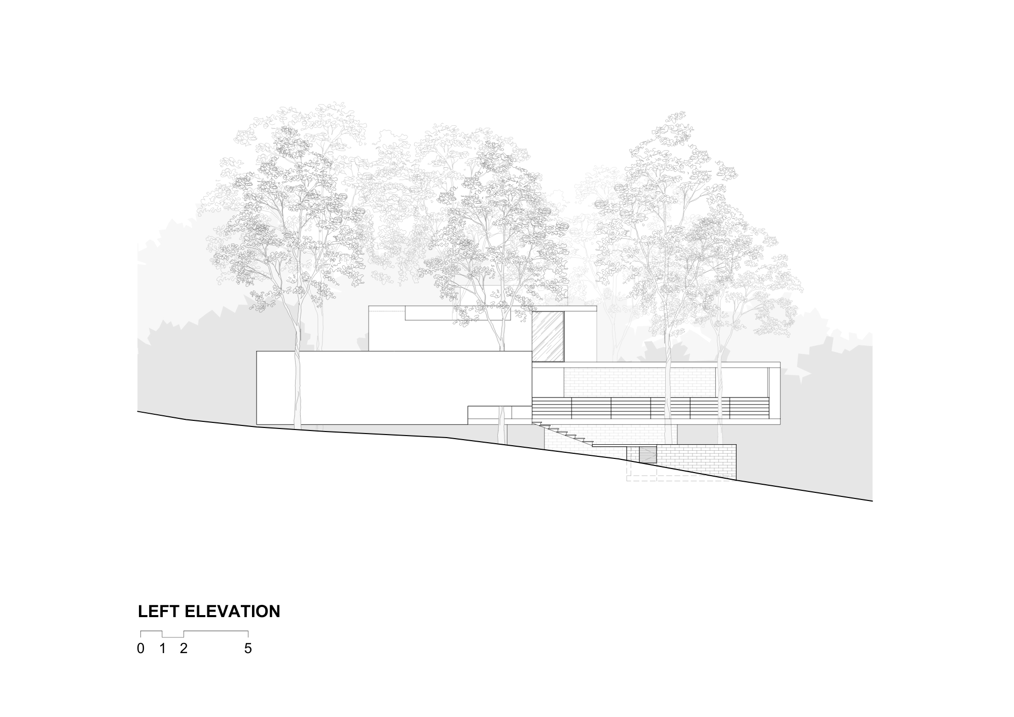 Left elevation drawing of stepped boxy volumes, a brick base and an exterior stair on a steep slope with tall trees