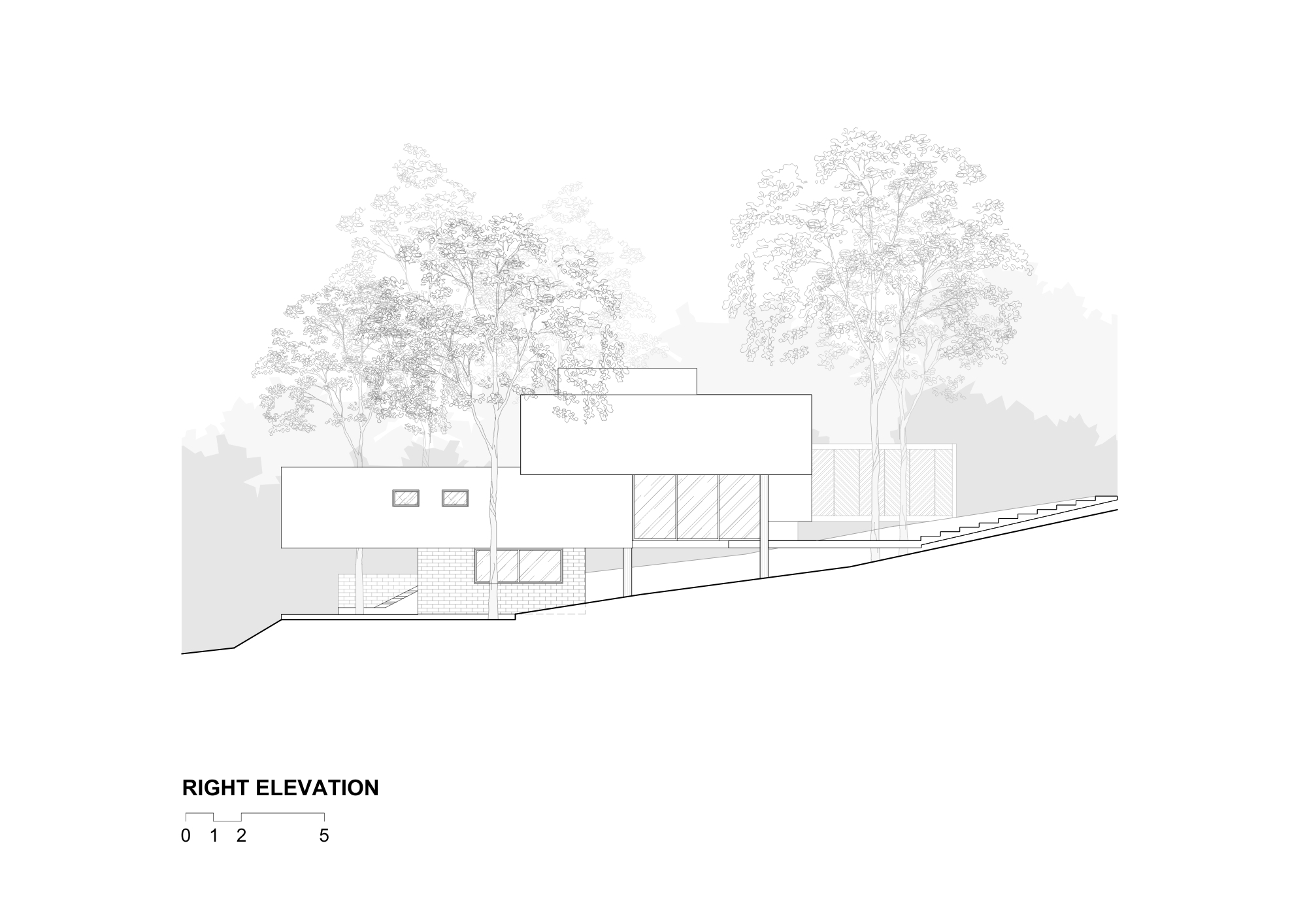 Right elevation drawing of a stacked house with brick base and slender piers, set on a steep slope among tall trees