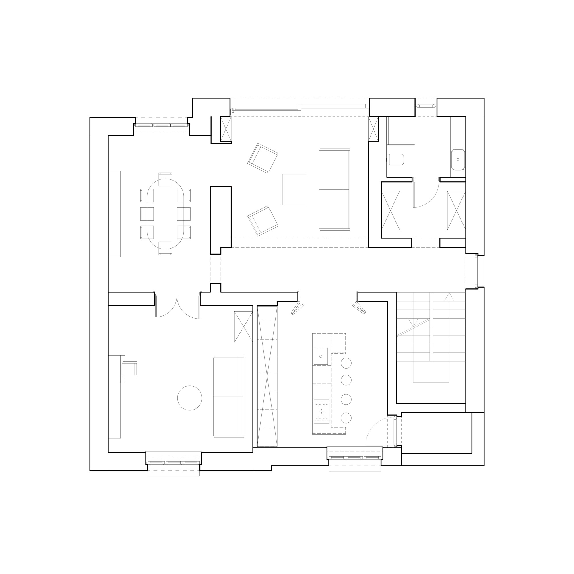 Ground floor plan drawing showing dining table, lounge, kitchen island, study and a stair core arranged around a central hallway