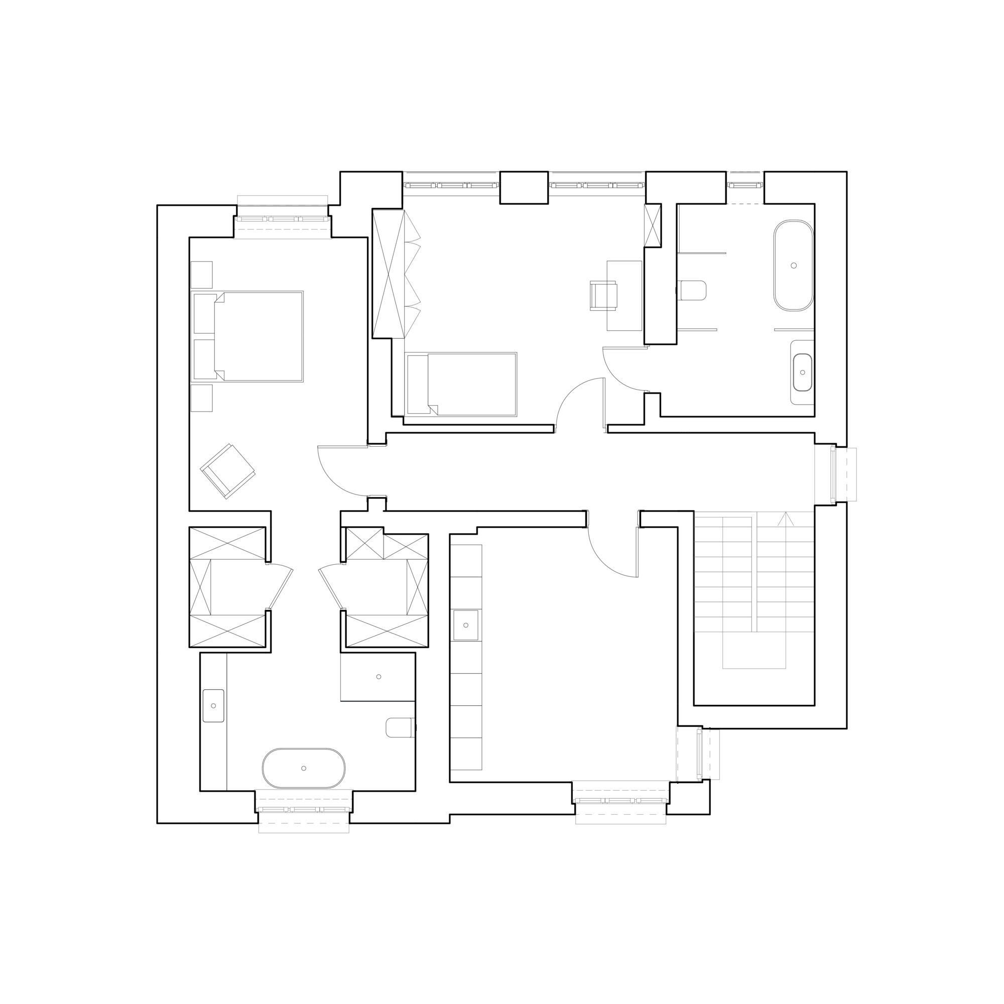 Upper floor plan drawing showing a double bedroom, a single bedroom, two bathrooms with freestanding tubs and a stair off the corridor