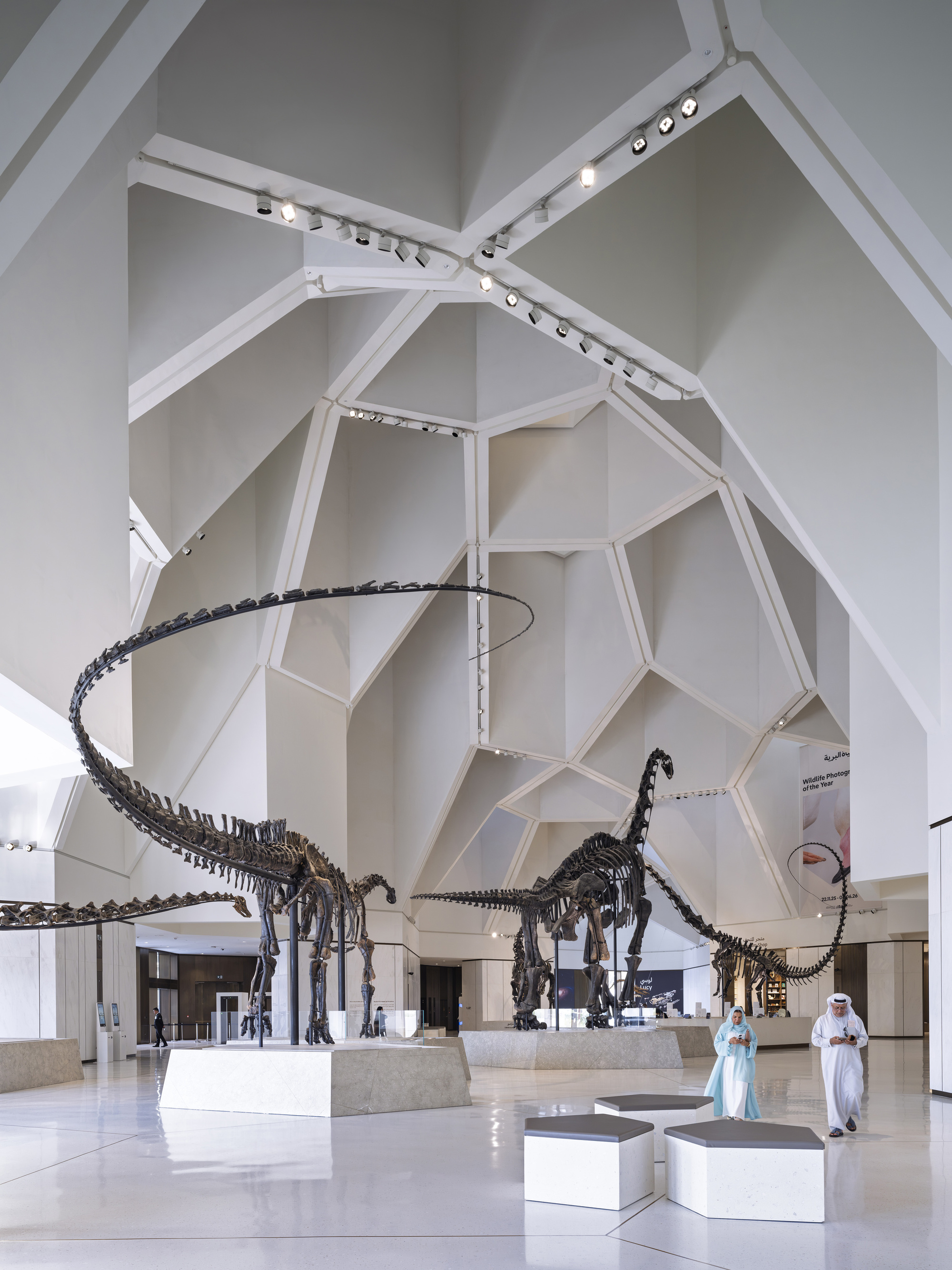 Double-height gallery with faceted white ceiling ribs and track lights above dinosaur skeletons, two visitors in traditional dress crossing the floor
