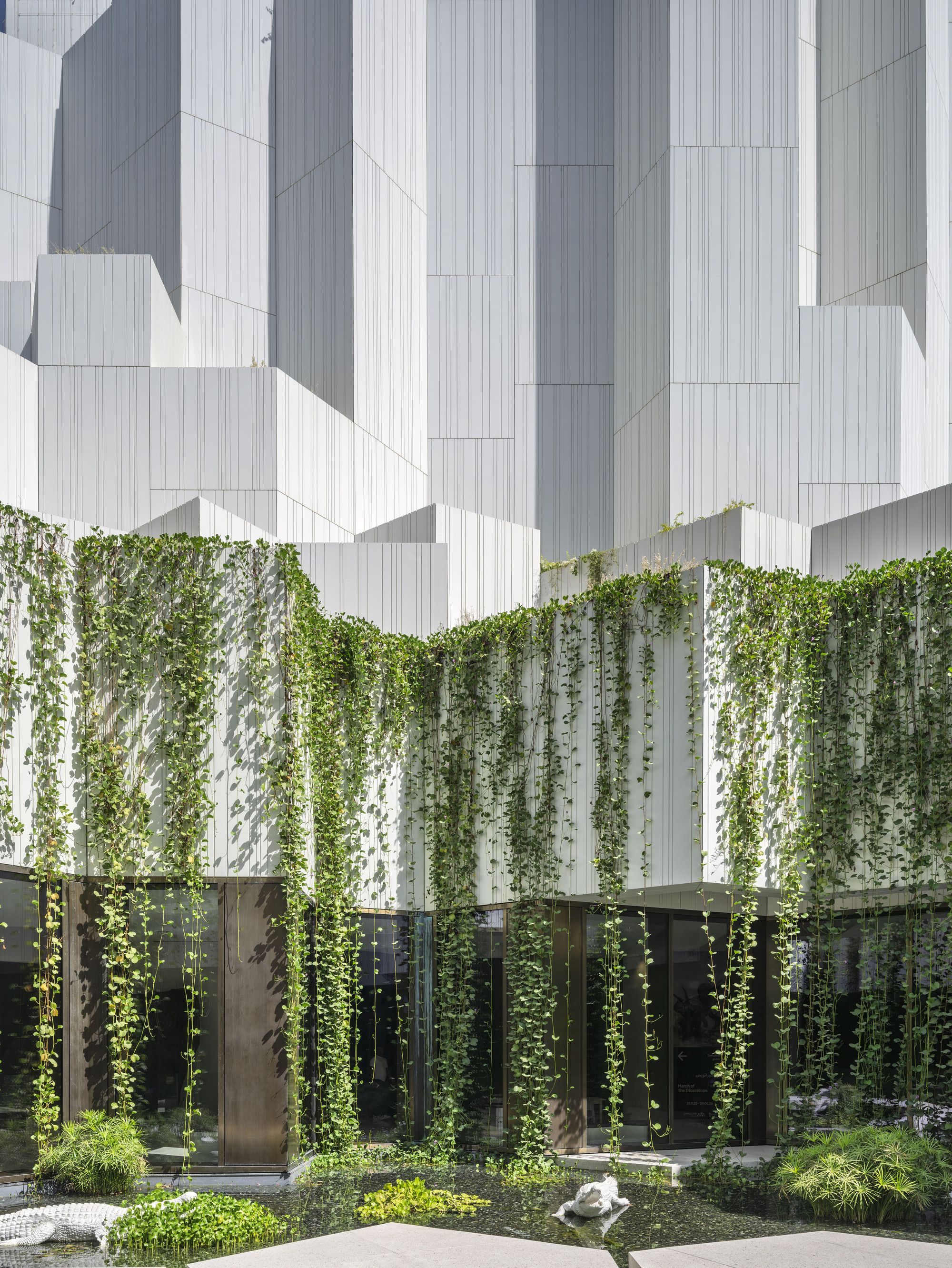 Close view of green vines draping the white ribbed facade above bronze-framed glazing and a shallow reflecting pool
