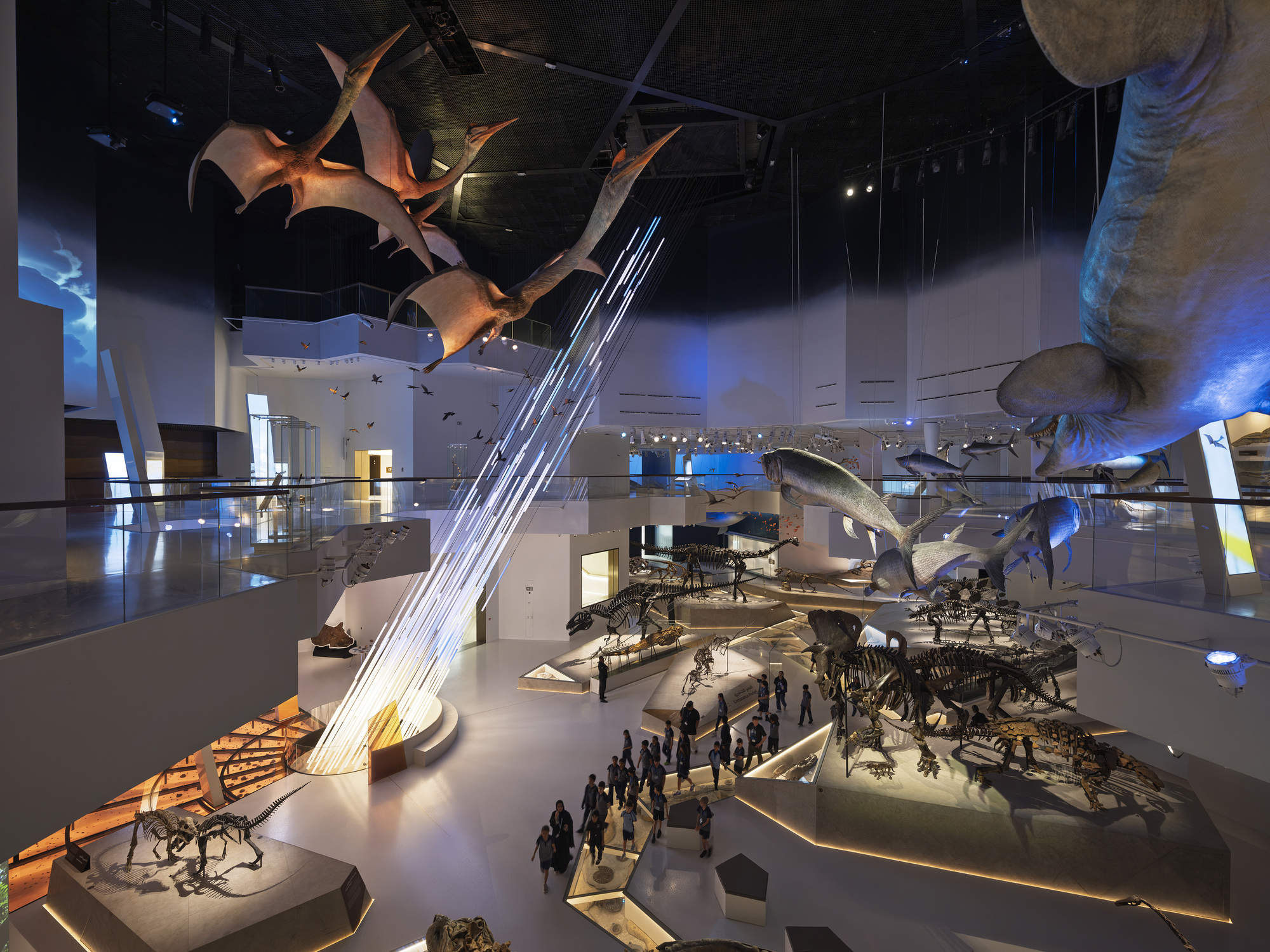 Gallery atrium with suspended pterosaur models, a whale model and dinosaur skeletons, with a streak of light fibres and visitors walking below