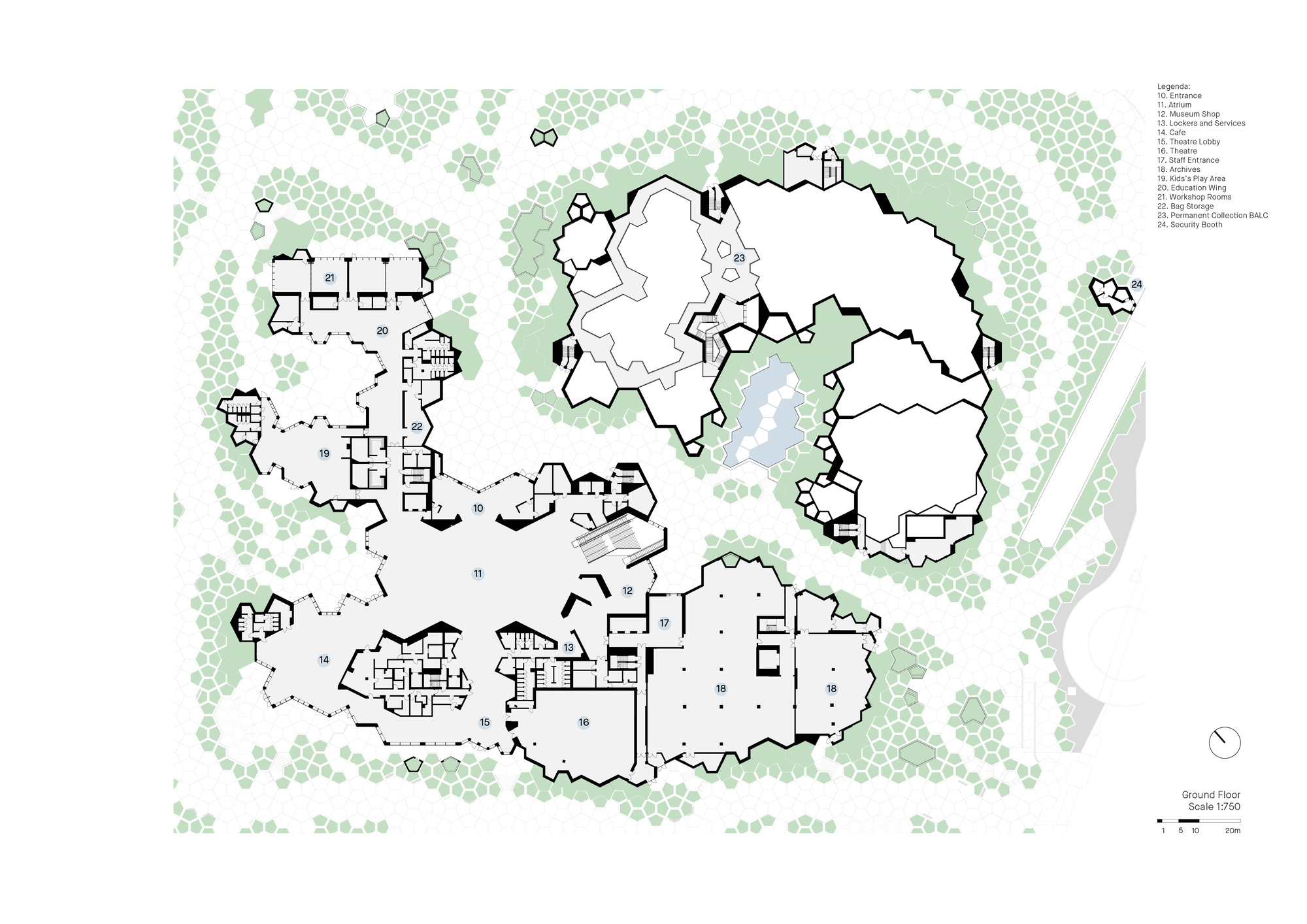 Ground floor plan drawing showing irregular honeycomb-edged volumes around a central atrium, with a pond and green tree canopy dots between them