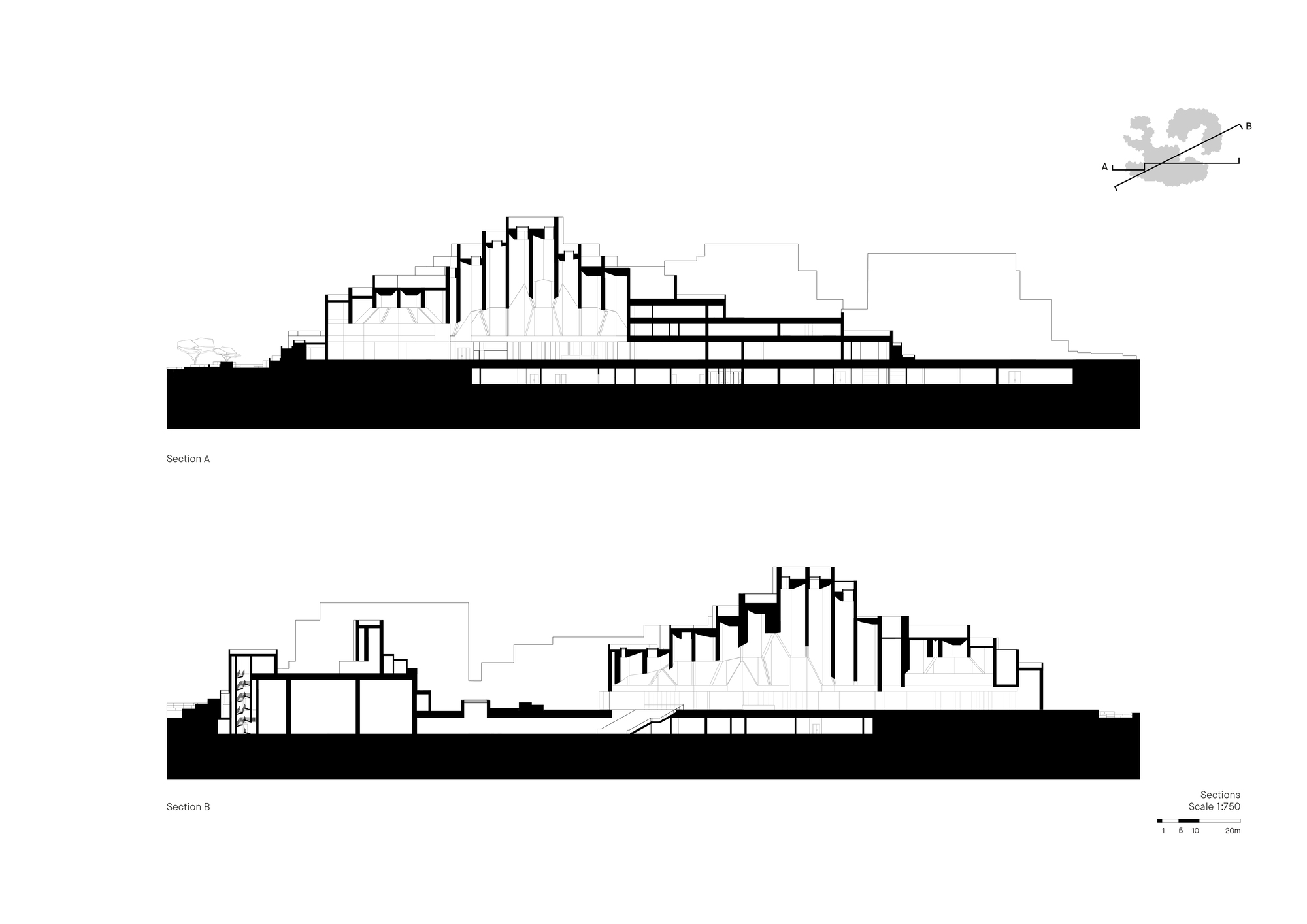 Two section drawings, A and B, cutting through the stepped, jagged roofline above a solid black basement, with a key plan inset