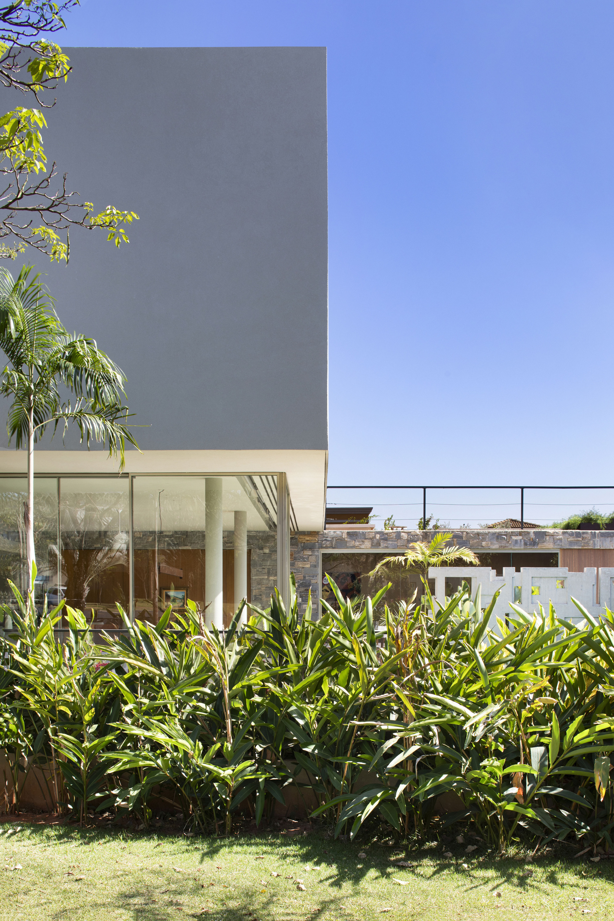 Gray upper volume cantilevering over a glazed ground floor, with a ginger plant bed in the foreground under a clear blue sky
