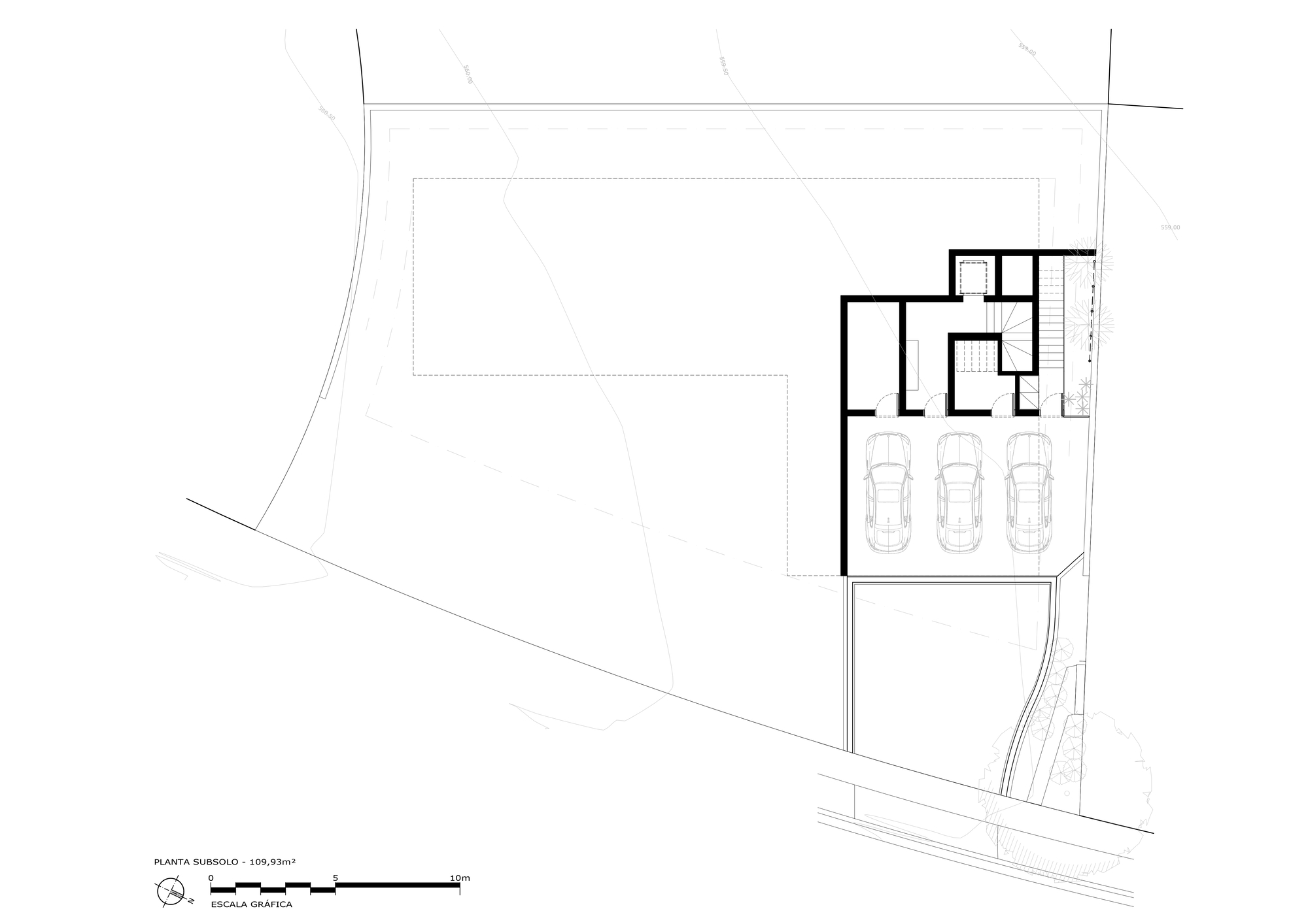 Basement plan drawing showing a three-car garage, stair and service rooms drawn with heavy walls on the site outline